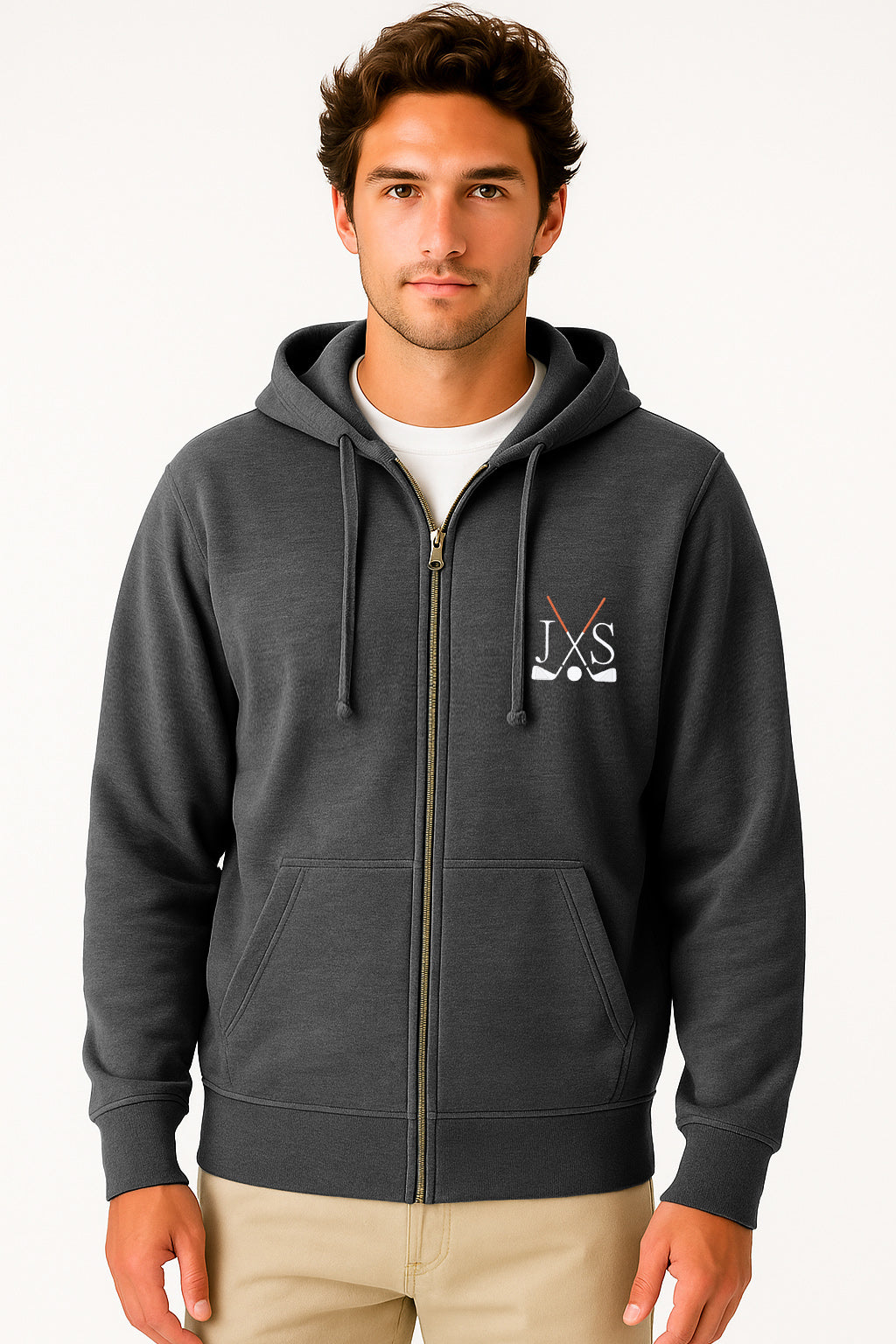 Black embroidery solid color men's plus size zip-up hoodie with front pouch pocket.