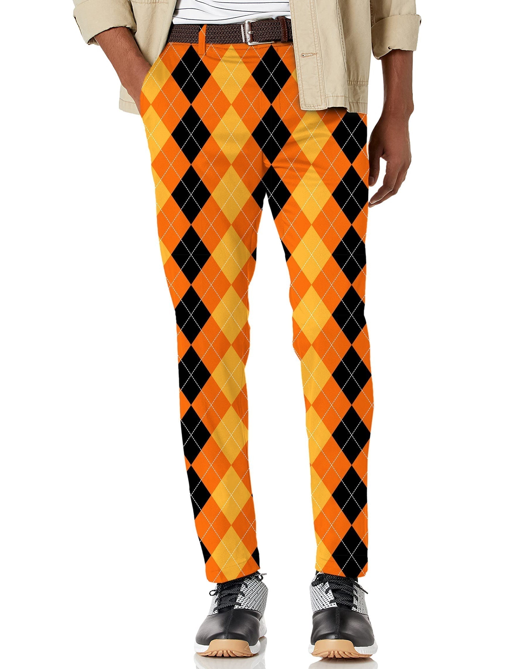 Men's Halloween black yellow orange argyle stretch golf pants with moisture-wicking performance fabric and active waistband