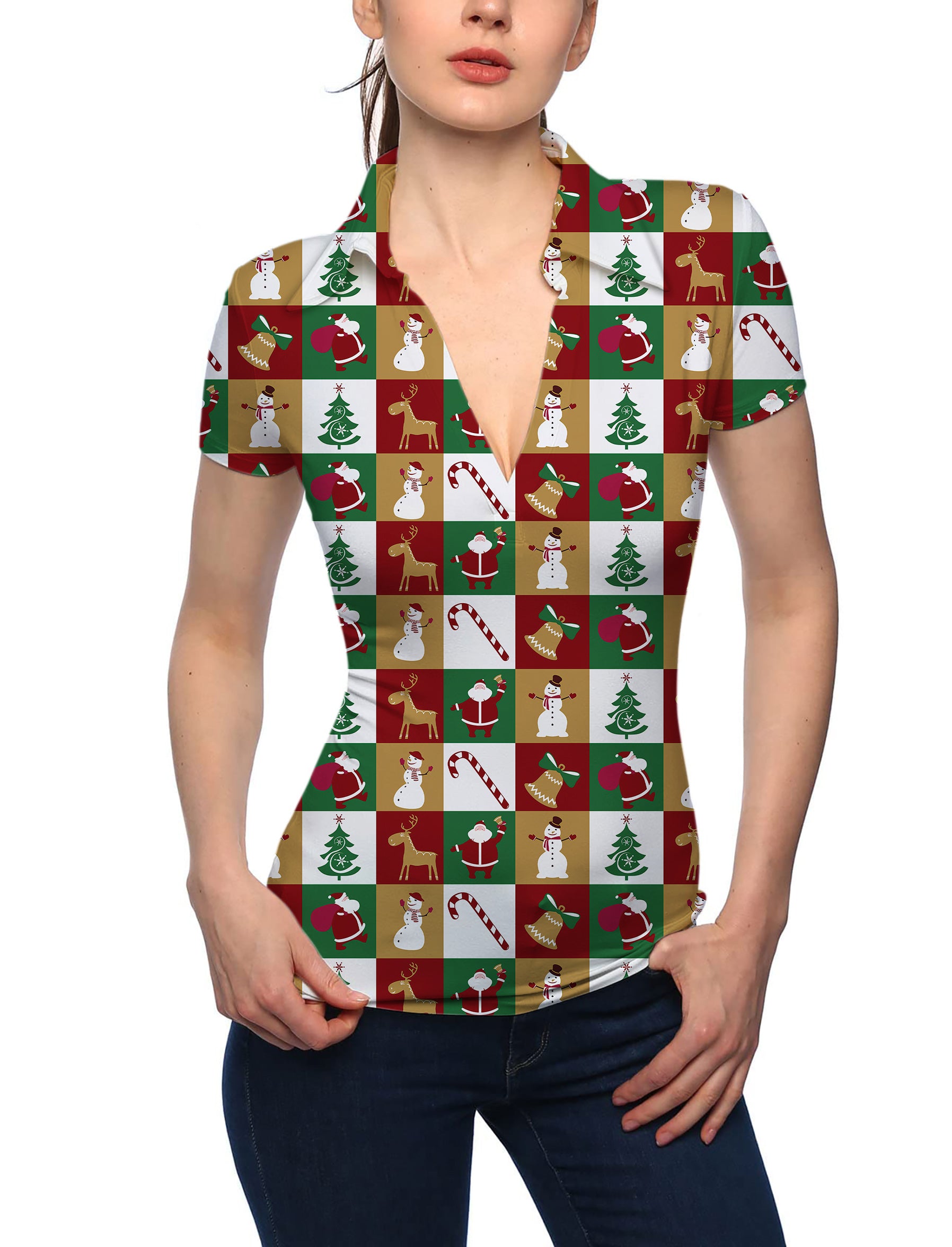 Women's Marry Christmas V Neck Golf Polo