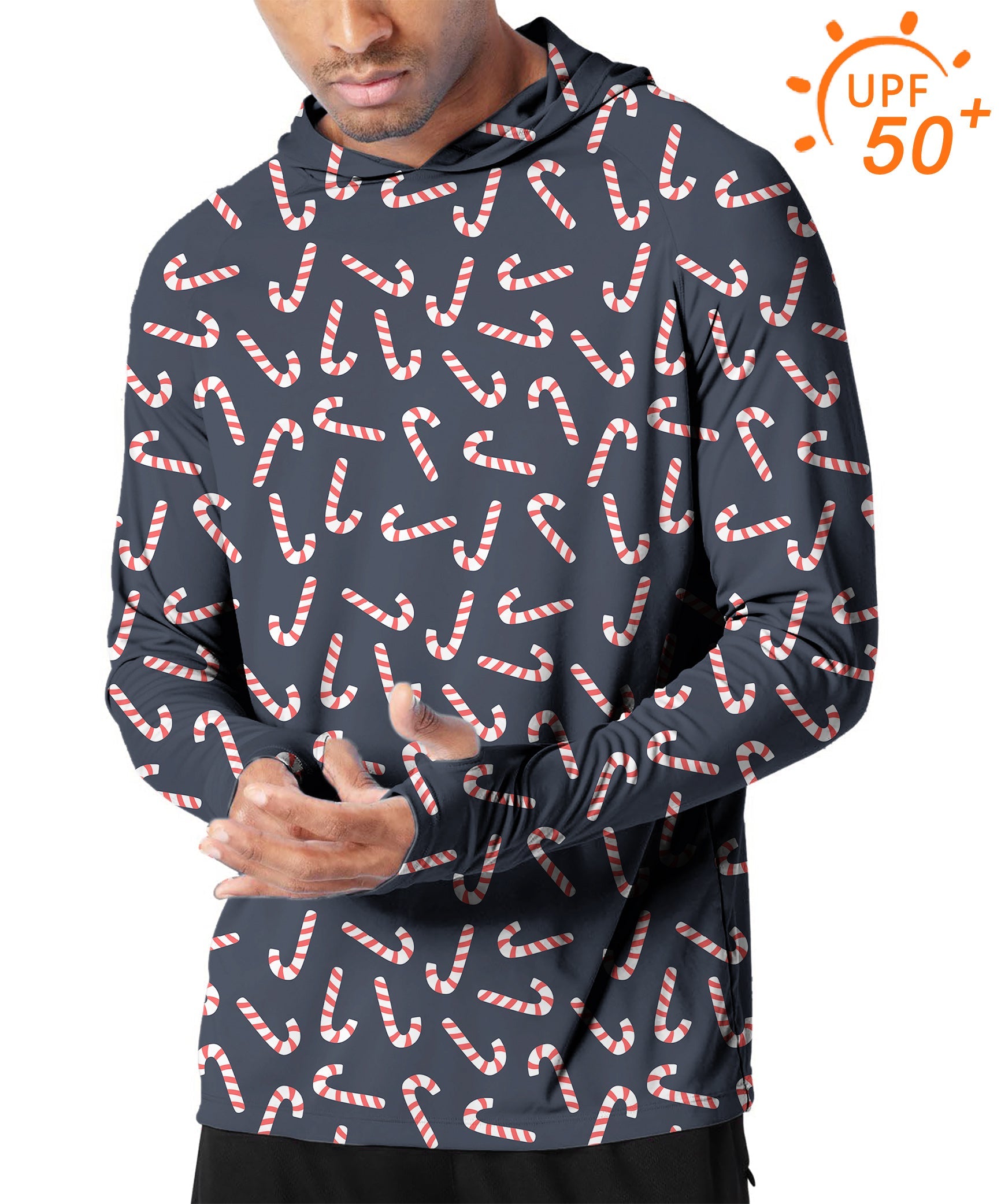 Men's slim fit hoodie with Christmas candy stick print, UPF 50+ sun protection for outdoor golf and activities