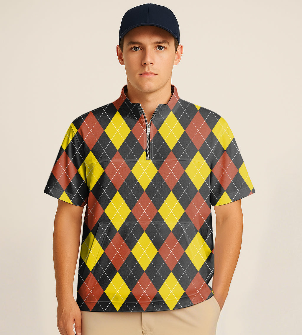 Male model wearing red, yellow, and black argyle half zipper turtleneck golf short-sleeve shirt with personalized embroidery