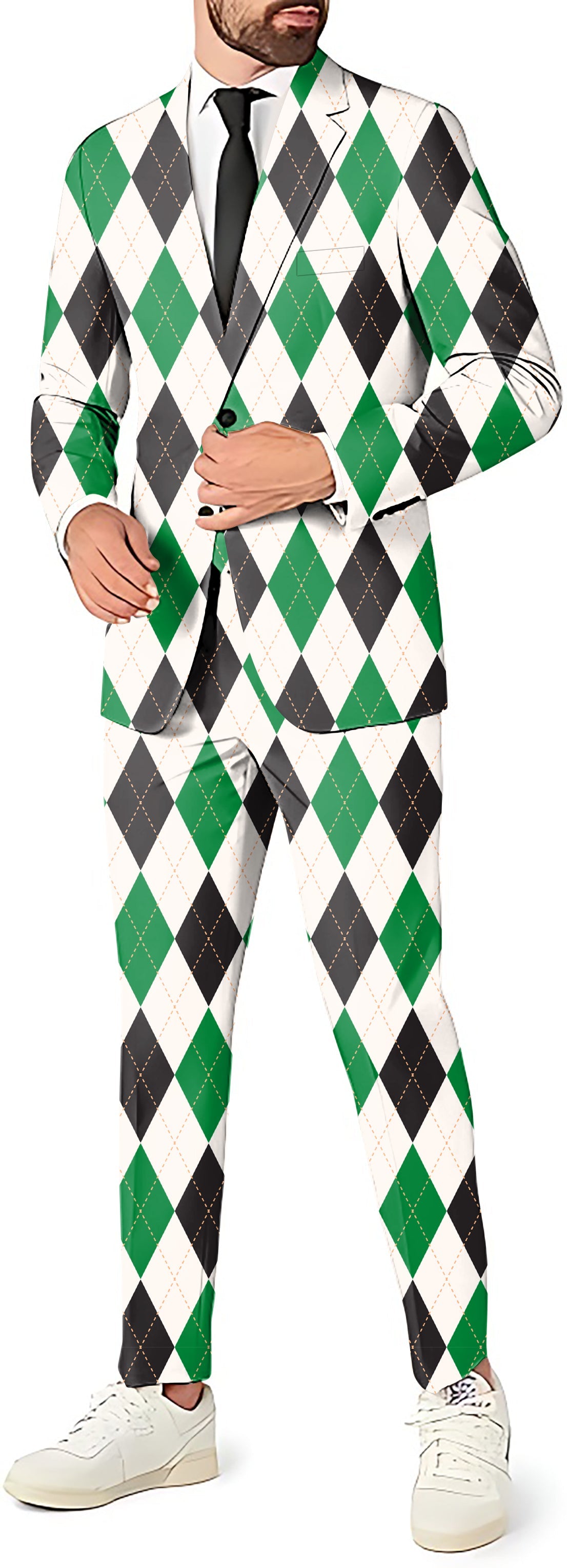 Men's Argyle grid party suit set with blazer, pants, and vest in green, black, and white pattern