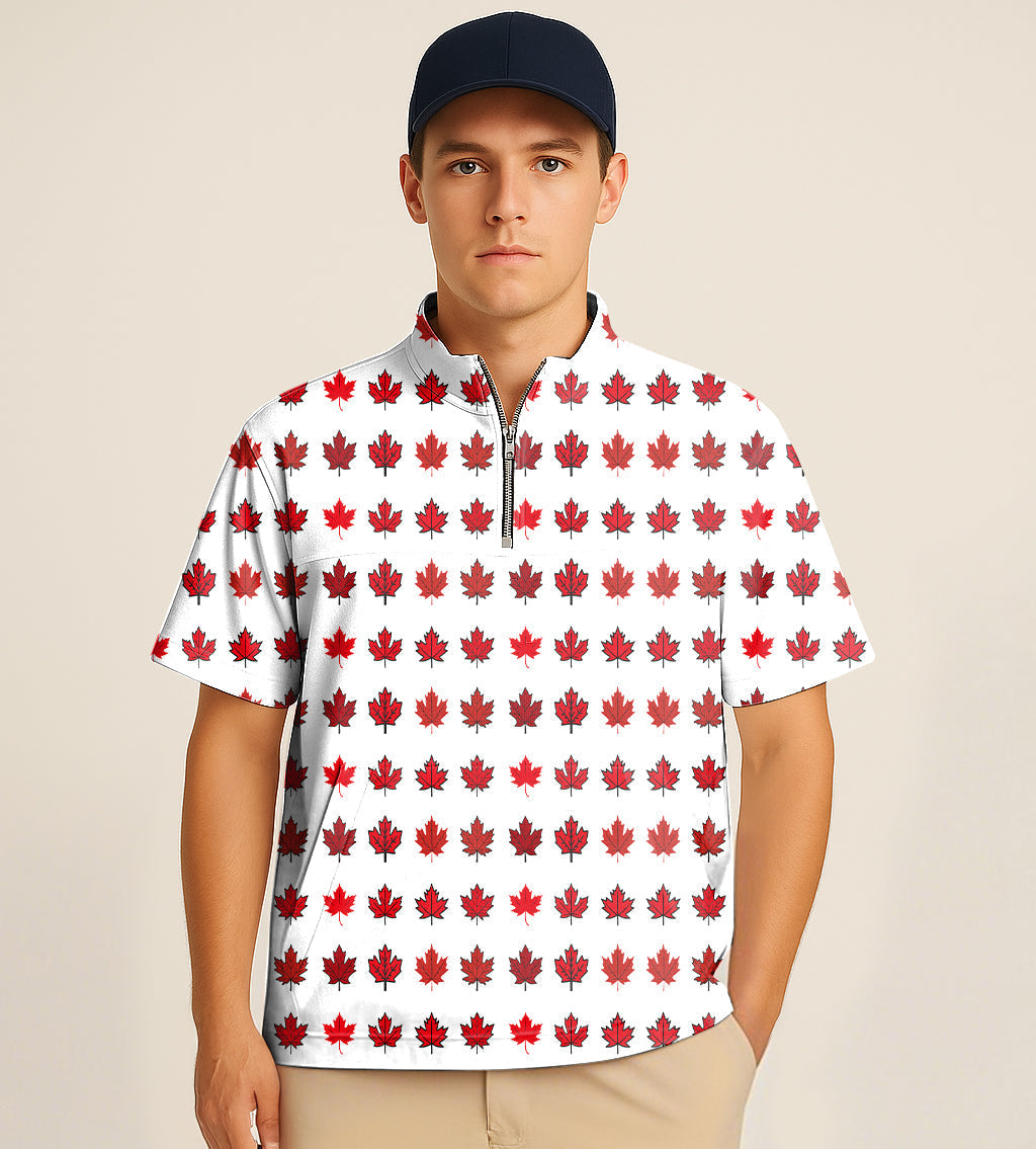 Male model wearing a half zipper turtleneck golf shirt with red maple leaves embroidery on white background