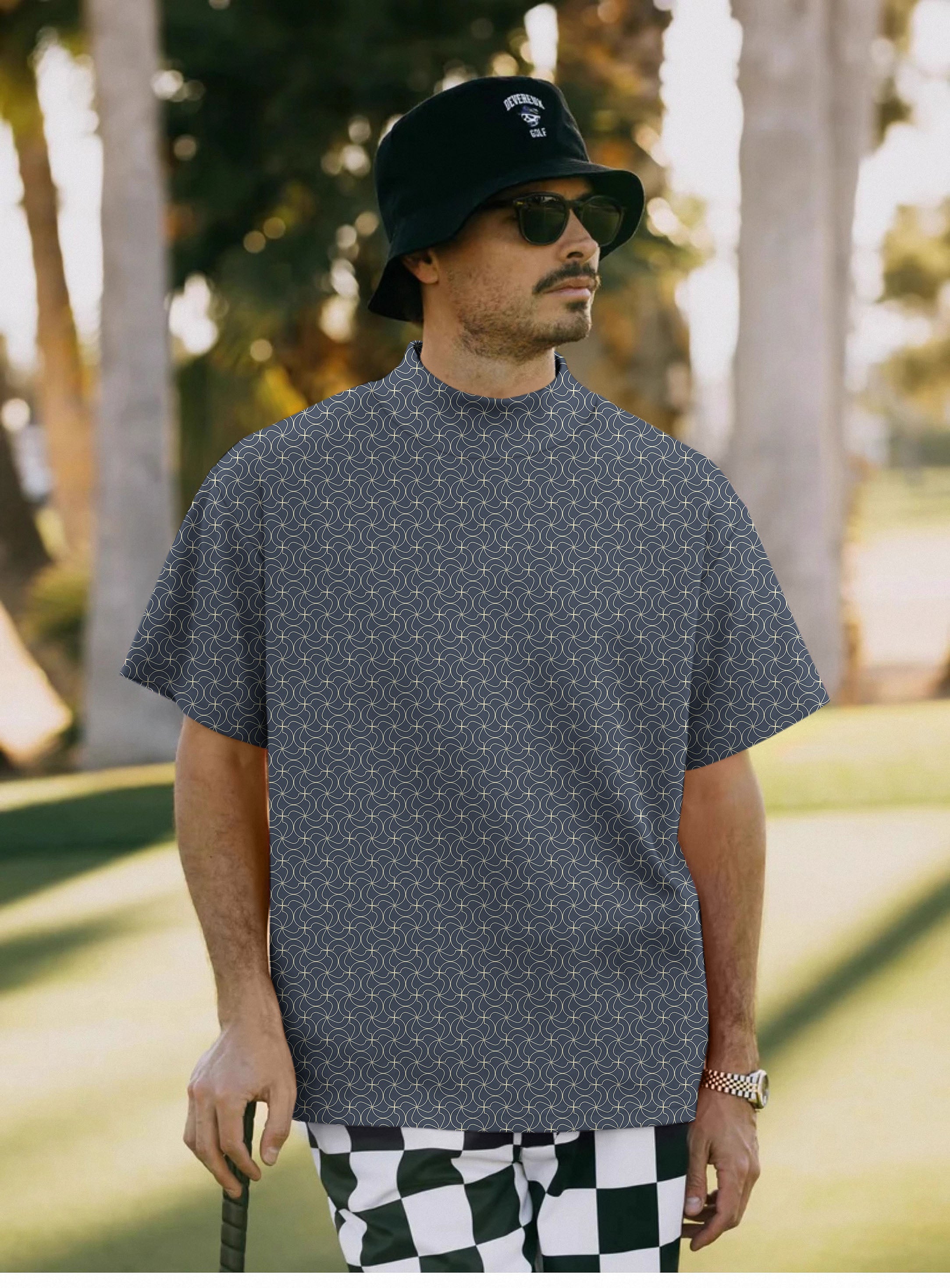Men's navy blue floral Pullover High neck Long/Short sleeve T-Shirt limited edition