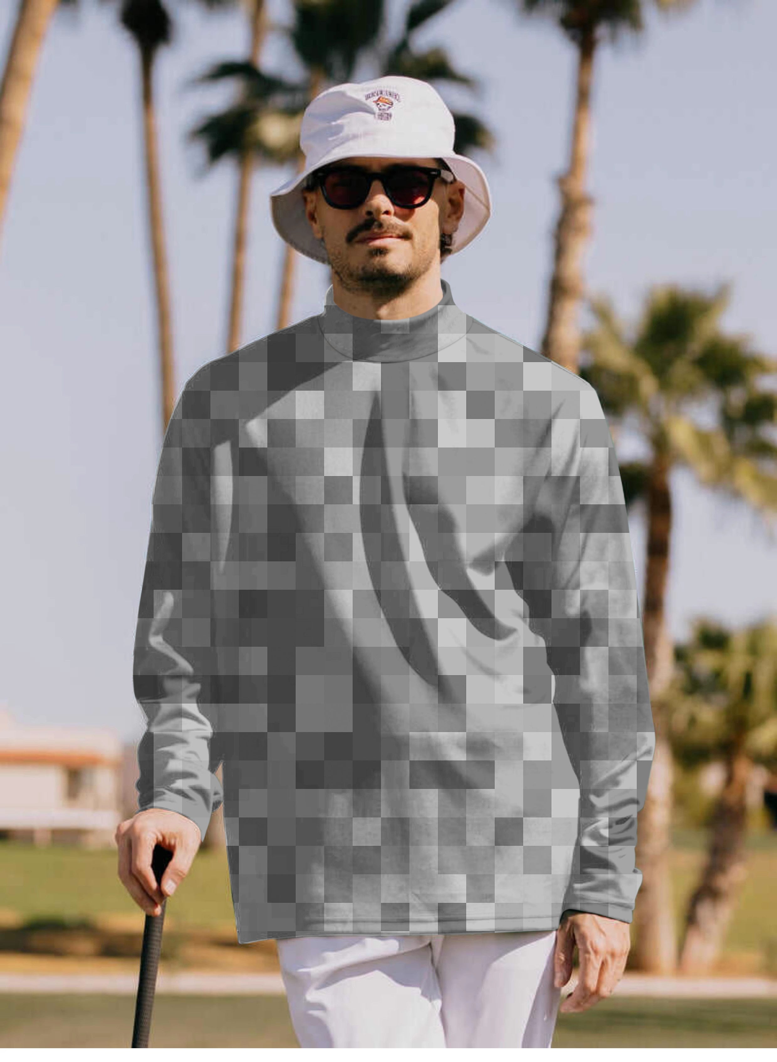 Men's grey pixel big pullover high neck long sleeve t-shirt worn outdoors