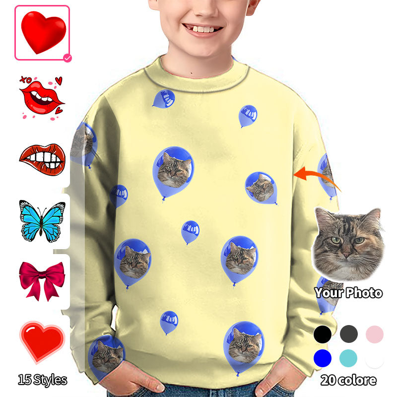 Valentine's Day Custom Photo Face Custom Color Yellow Love Crewneck Pullover Kids Ugly Sweater