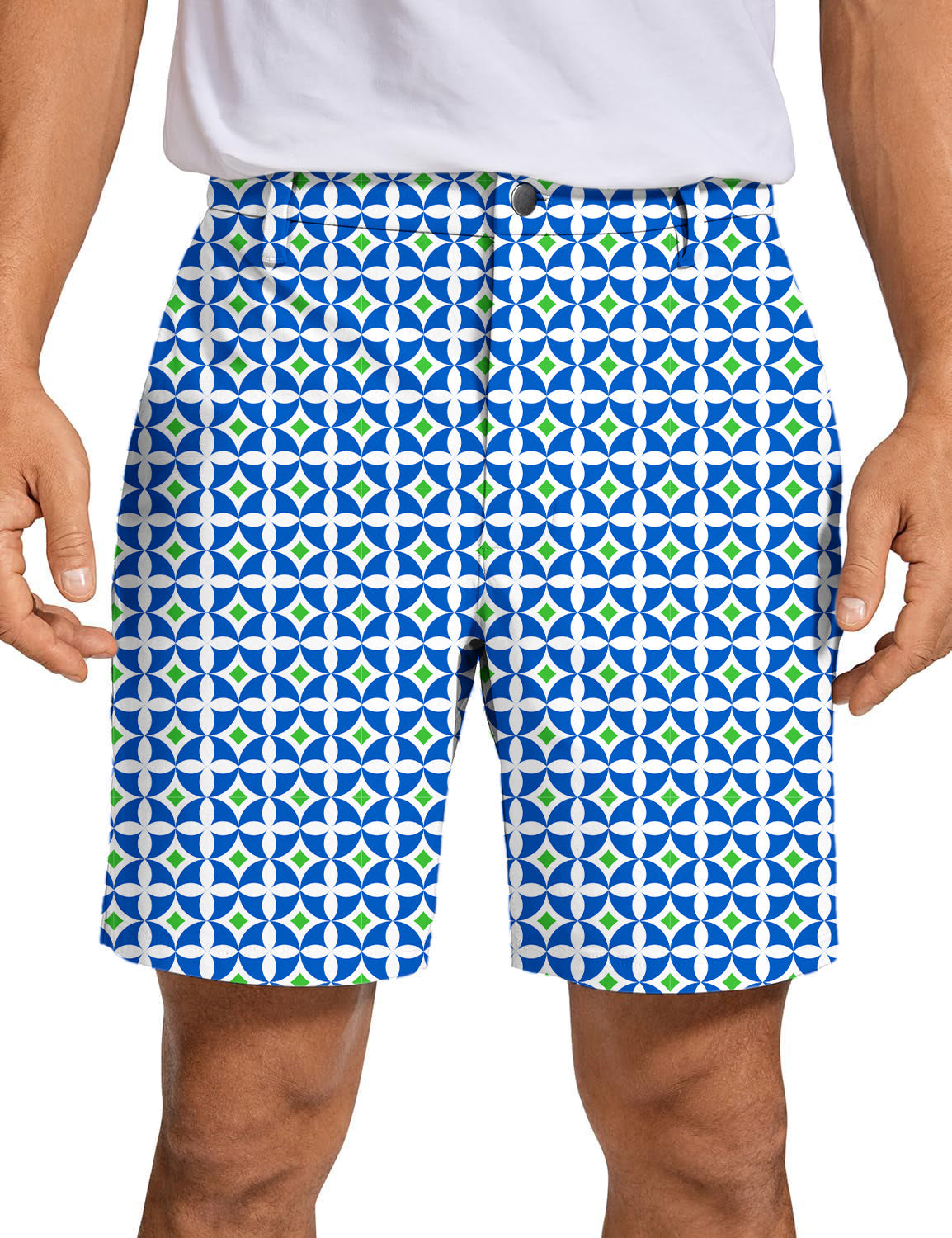 Men's Blue-Green Diamond patterned golf shorts made from quick-dry, breathable, and lightweight fabric.
