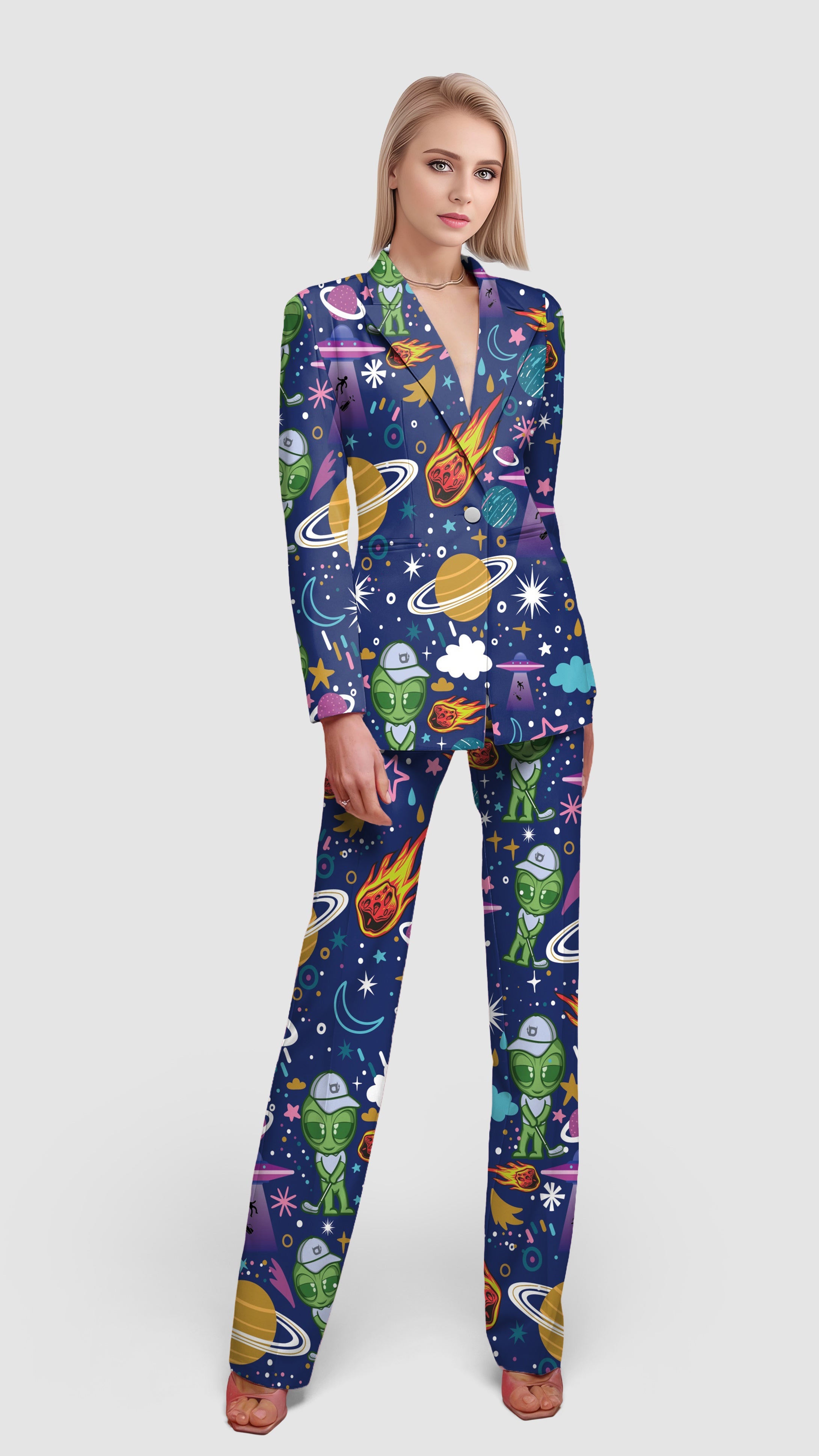 Alien Army-Women's blazer with space-themed print, lapel collar, single button, and flap pockets, casual and office wear suit set