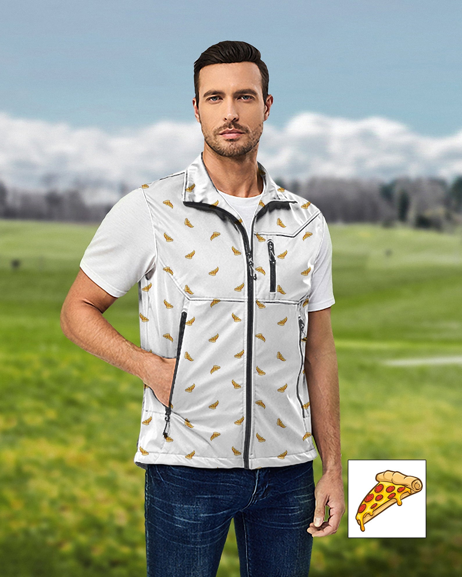 Men's Delicious White Pizza lightweight softshell vest sleeveless jacket for golf, windproof and waterproof