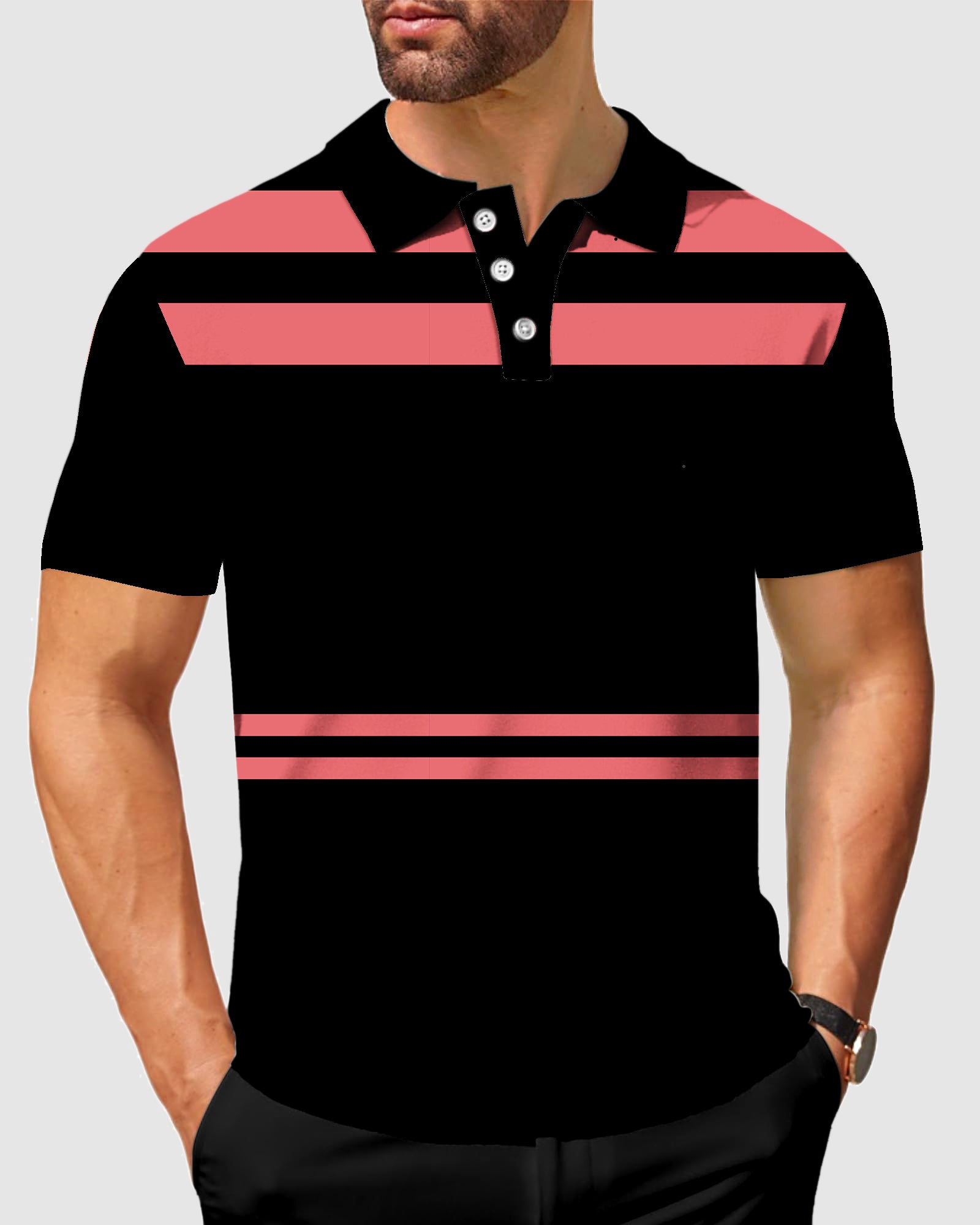 Men's black polo shirt with thick horizontal pink stripes and classic fit