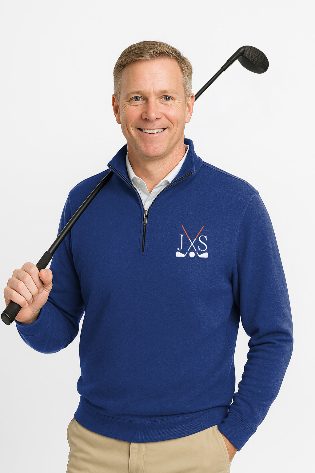 Navy blue plus size men's high neck hoodie with embroidery solid color and front pouch pocket