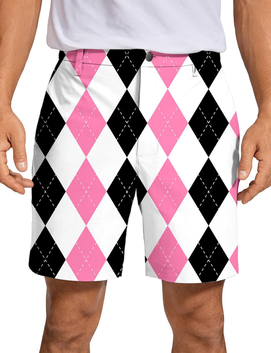 Men's golf shorts with pink and black argyle pattern, quick-dry, lightweight performance fabric