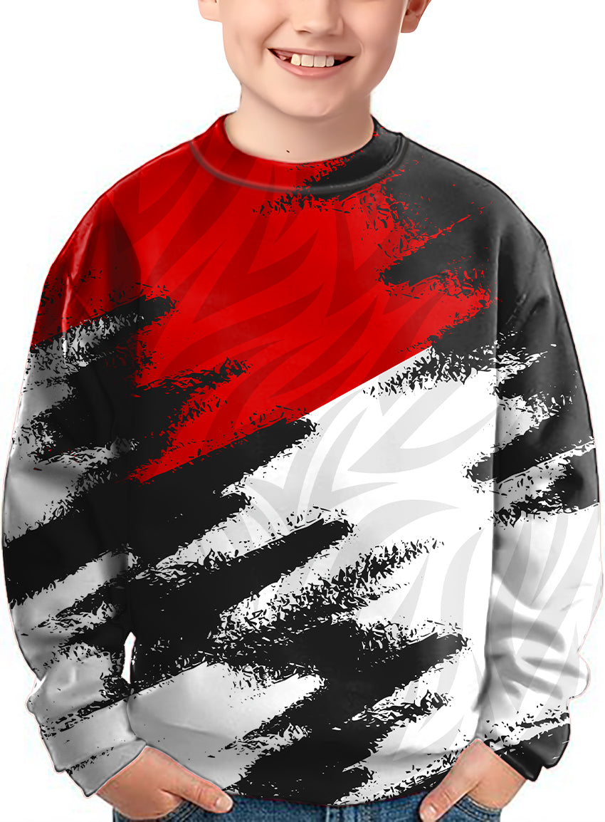 Red custom sport kids crewneck pullover with abstract black and white design