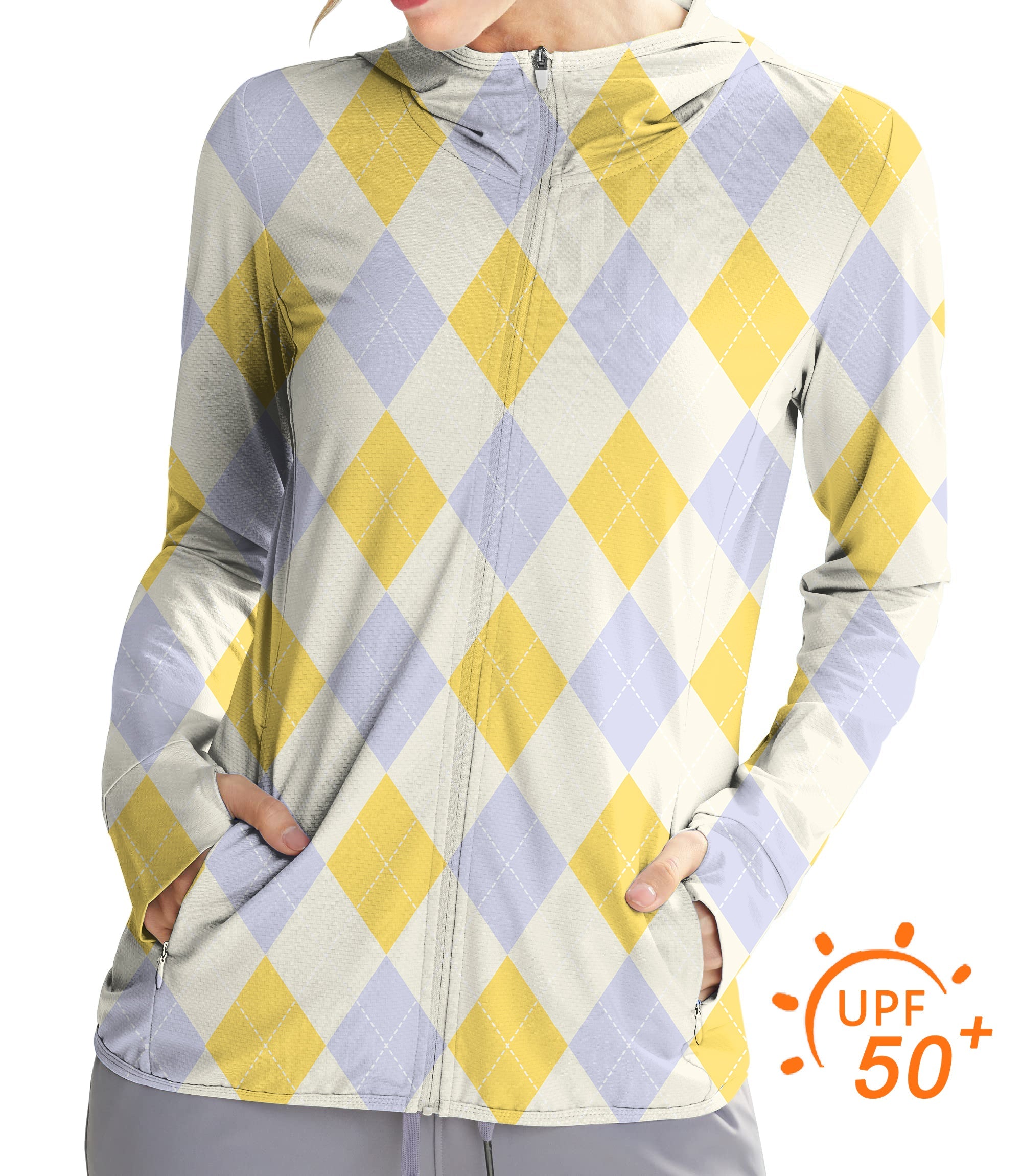 Women's outdoor slim fit argyle zip hoodie with UPF 50+ sun protection and thumb holes