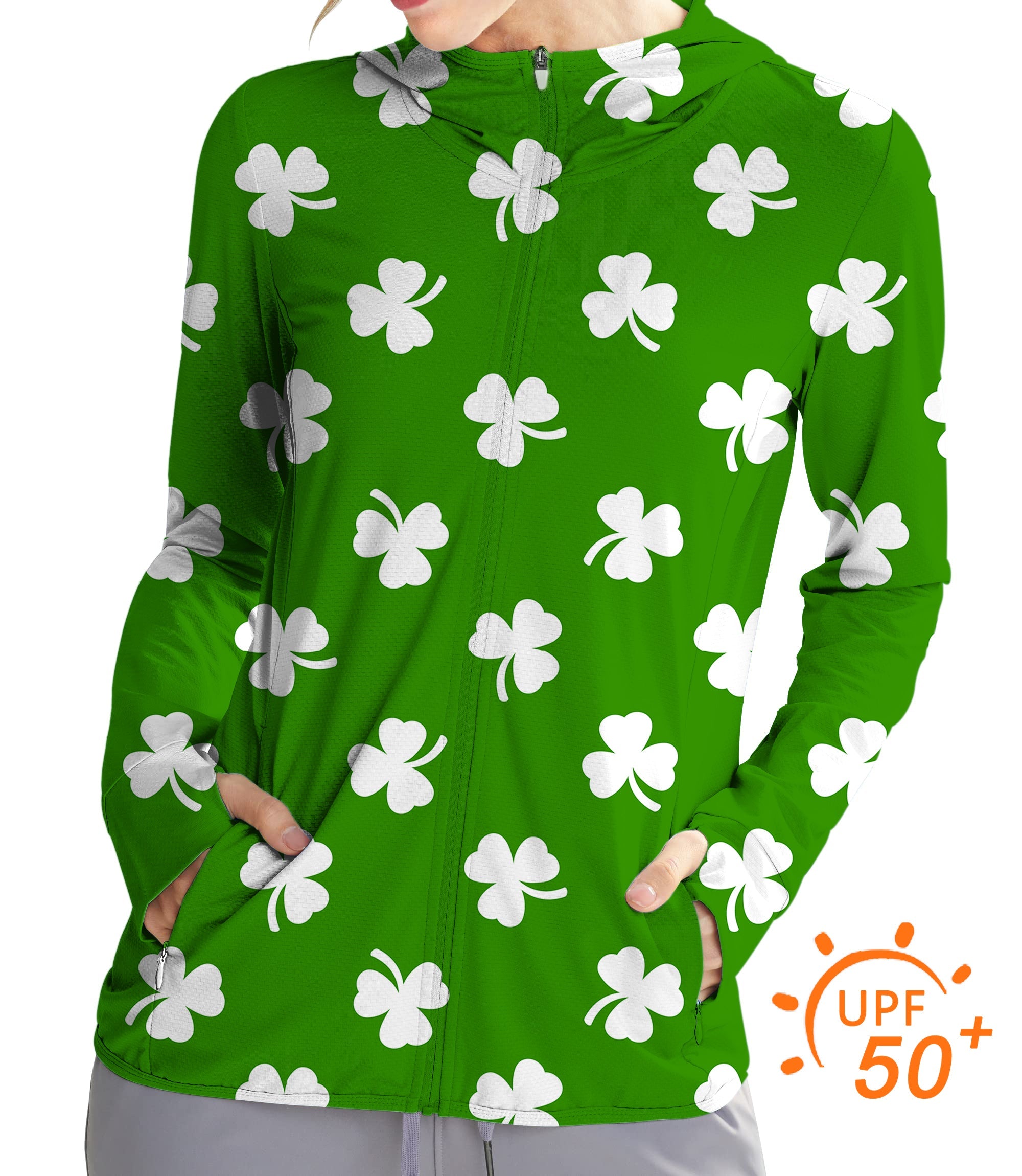 Women's outdoor leaf clover St. Patrick's Day green zip hoodie with sun protection UPF 50+