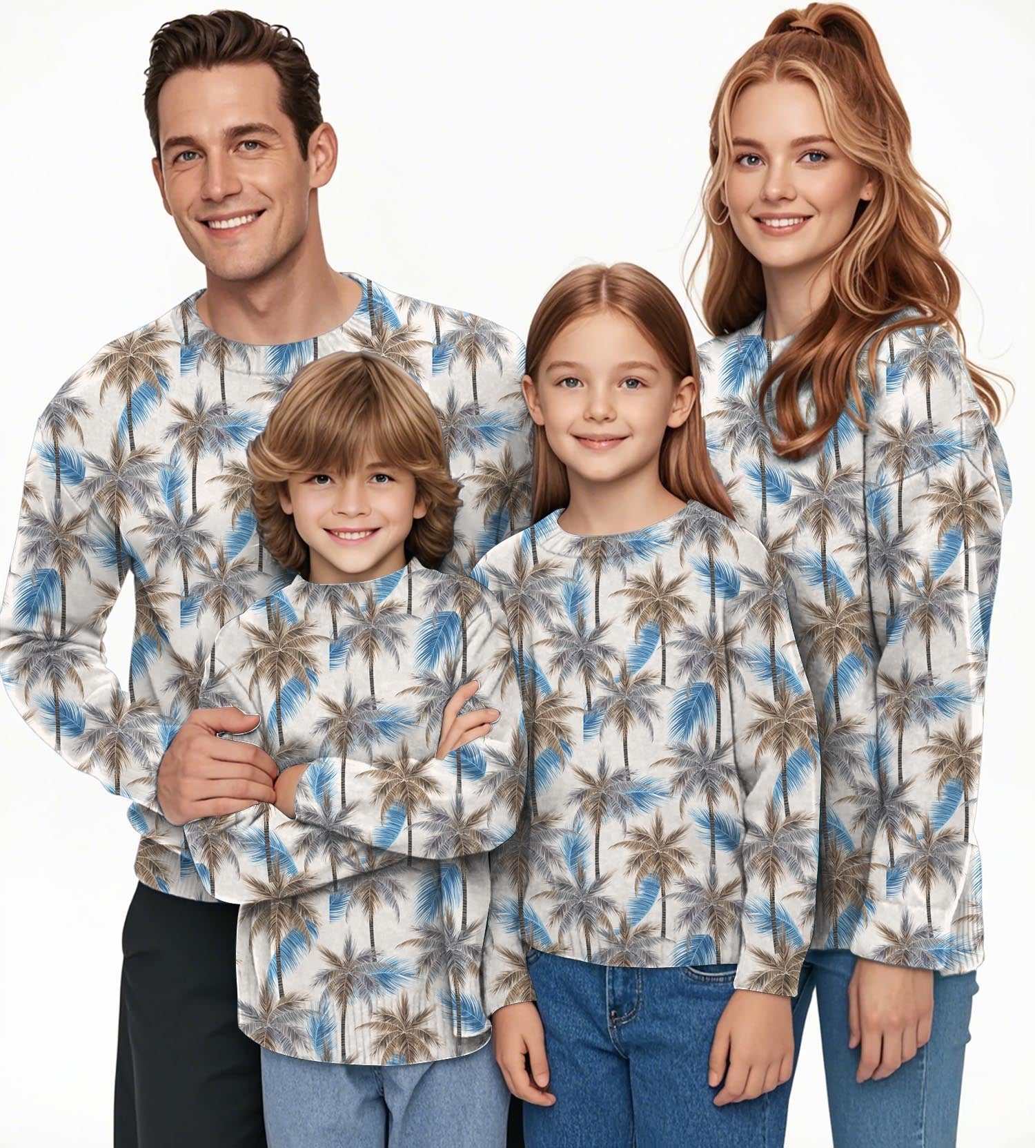 Family wearing Palm Haven Crewneck pullover sweaters with palm tree print