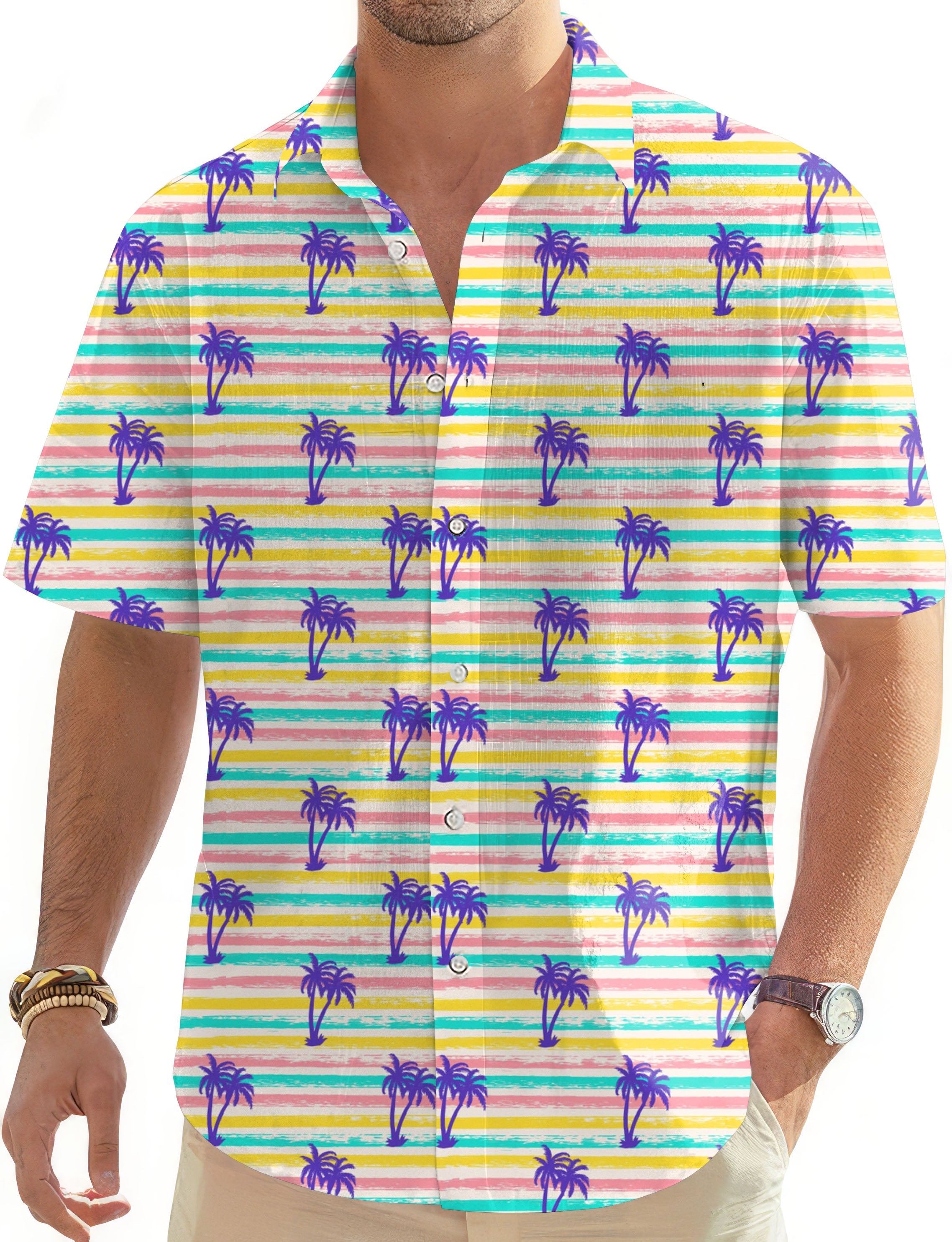 Men's striped summer palm tree Hawaiian button-down shirt with short sleeves