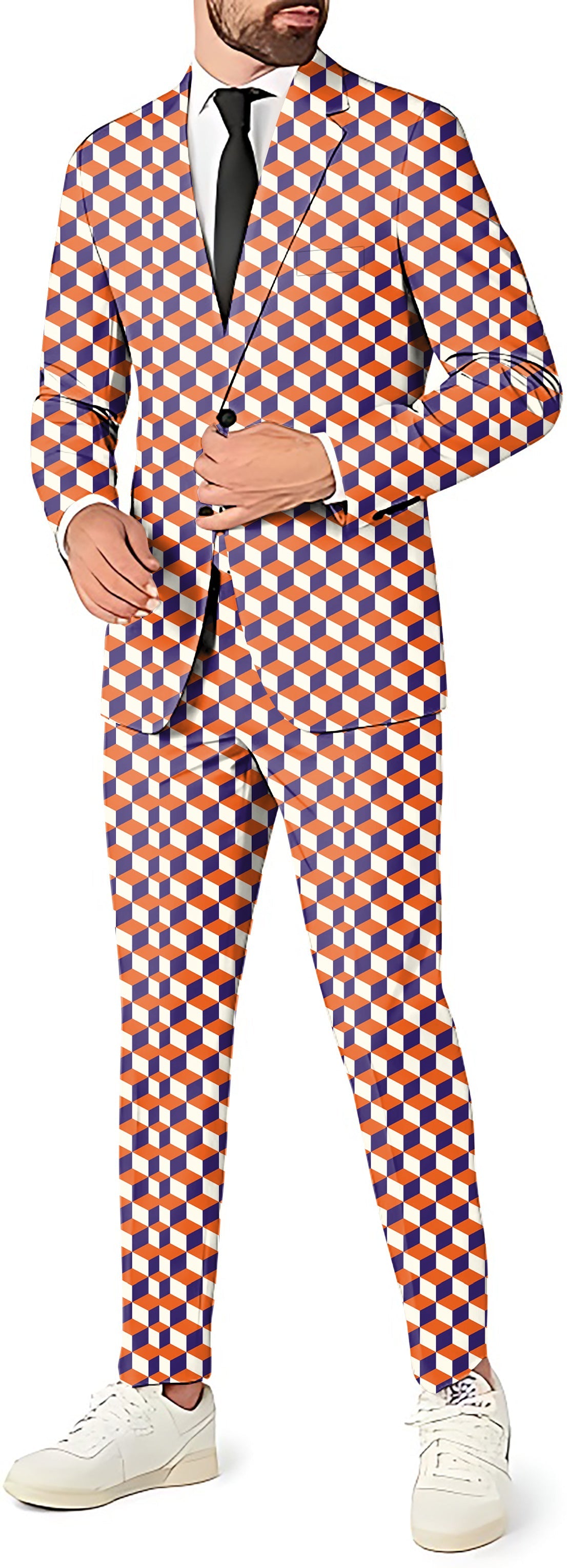 Men's party suit with orange 3d square box blazer and pants set