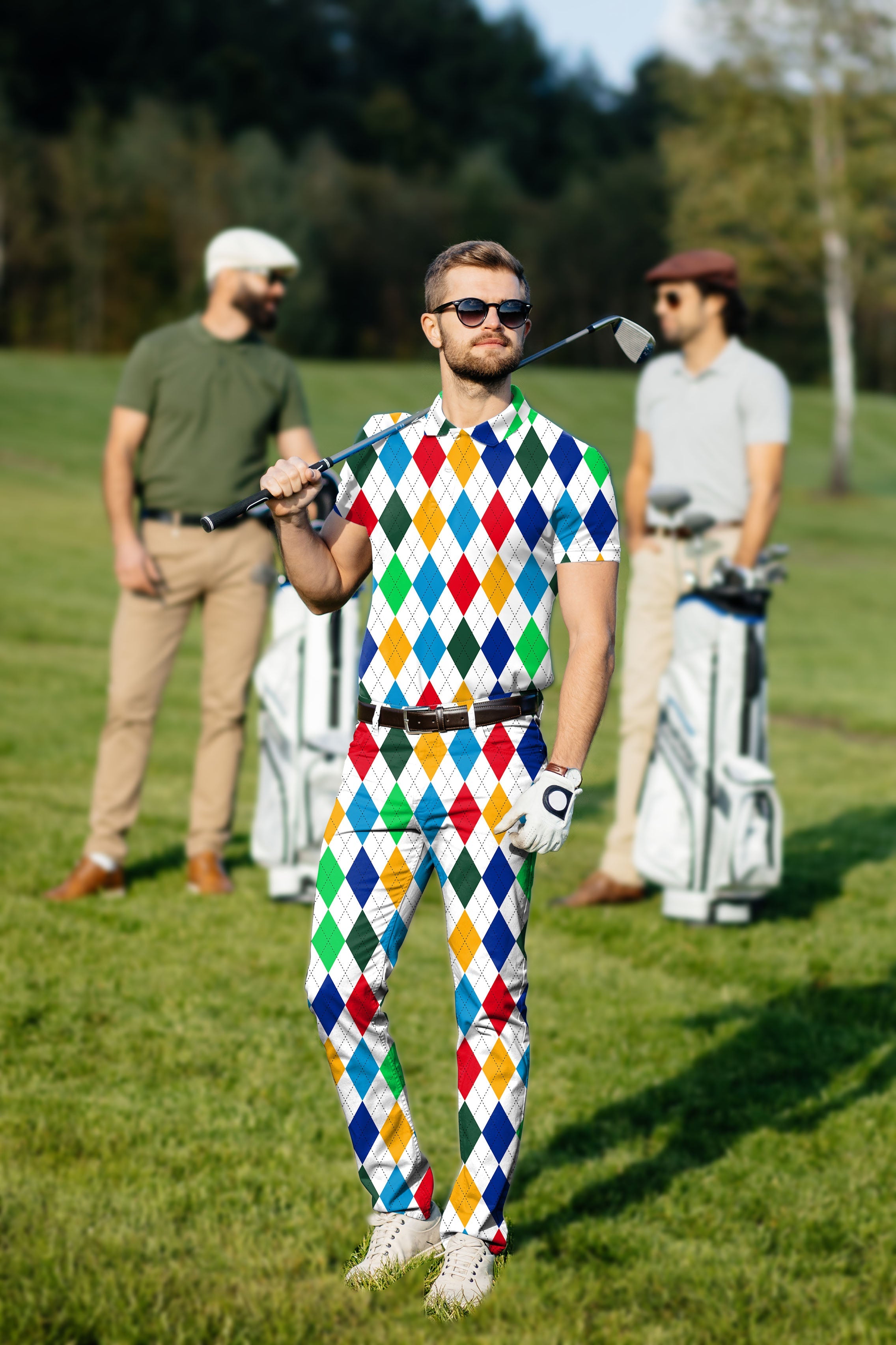 Men's golf set with colorful argyle polo and pants, tailored fit and moisture-wicking fabric