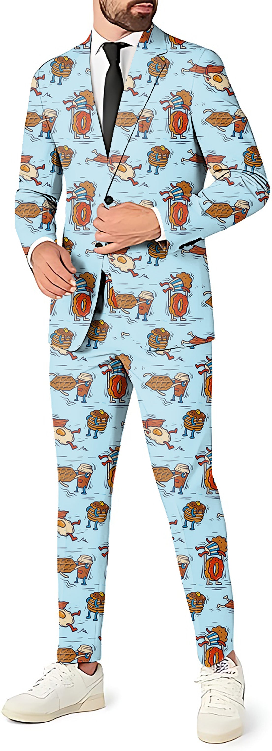 Breakfast Brawl Men's party costume suit set with blazer, pants, and vest in fun breakfast print