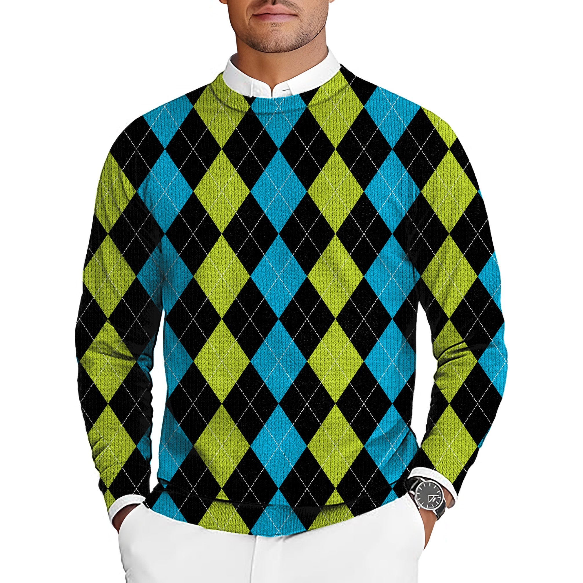 Halloween black green blue argyle men's golf crewneck pullover sweater