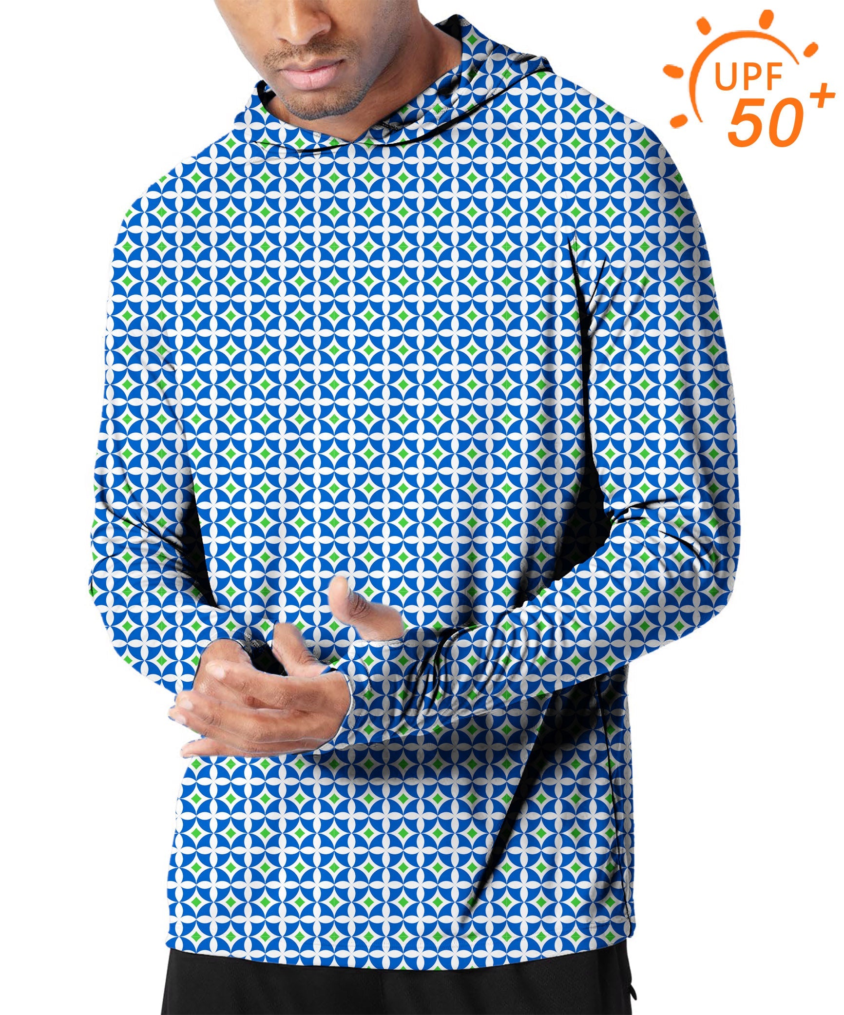Men's outdoor blue-green diamond pattern golf sun protection slim fit hoodie with UPF 50+ fabric