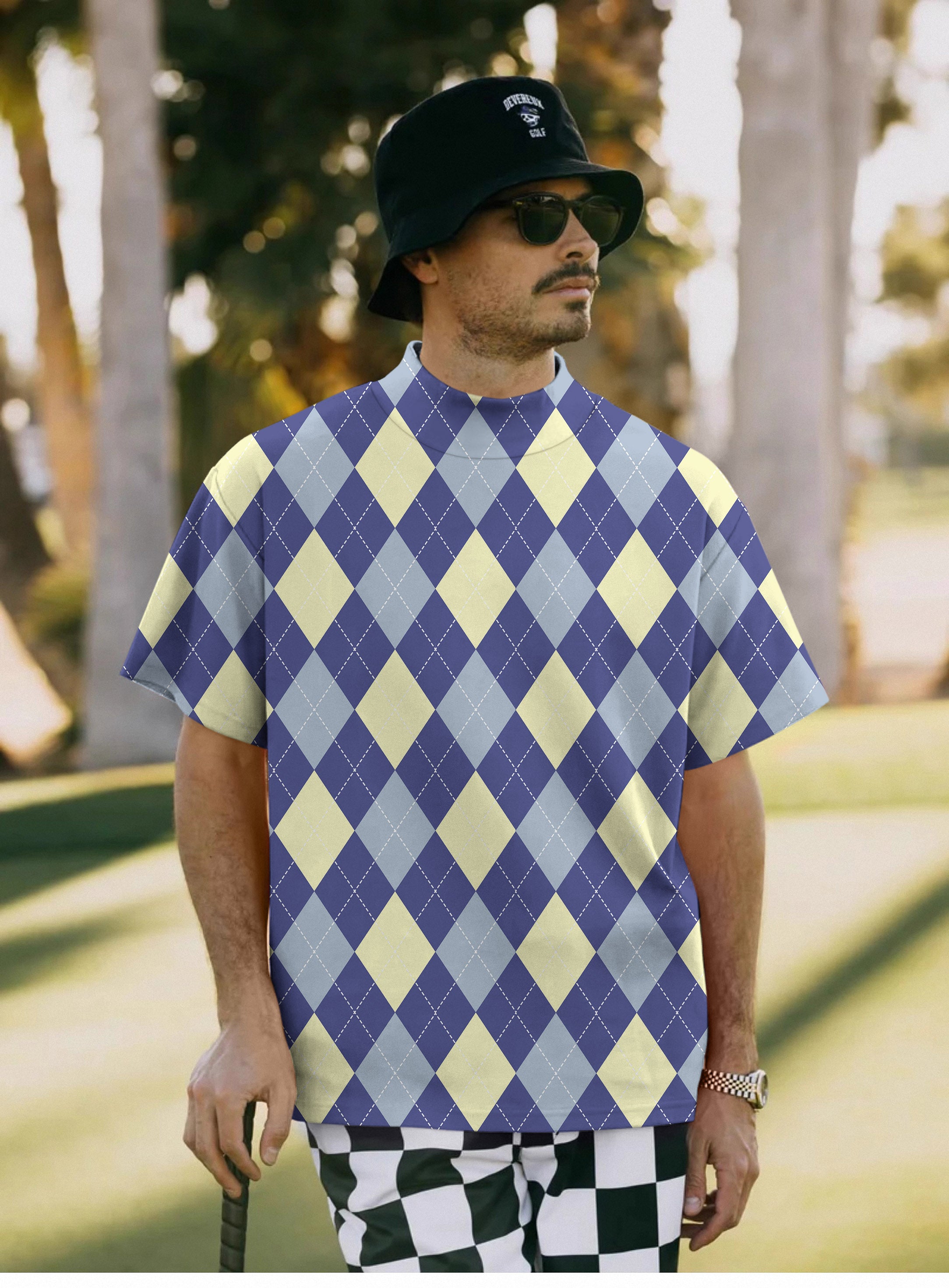 Men's blue Argyle Pullover High neck Long/Short sleeve T-Shirt
