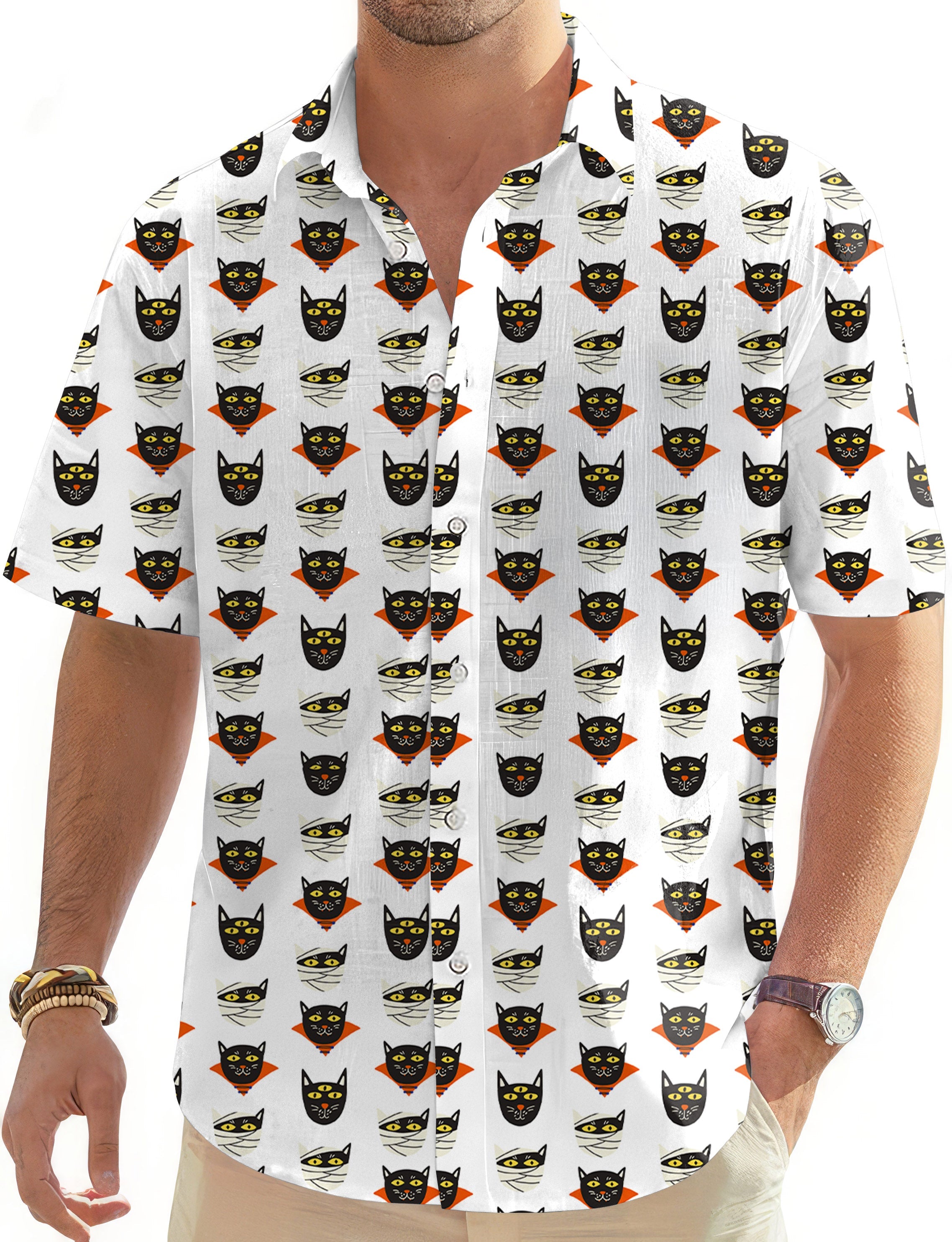 Men's Halloween Mummy Cat Hawaiian button-down golf shirt with short sleeves and classic collar