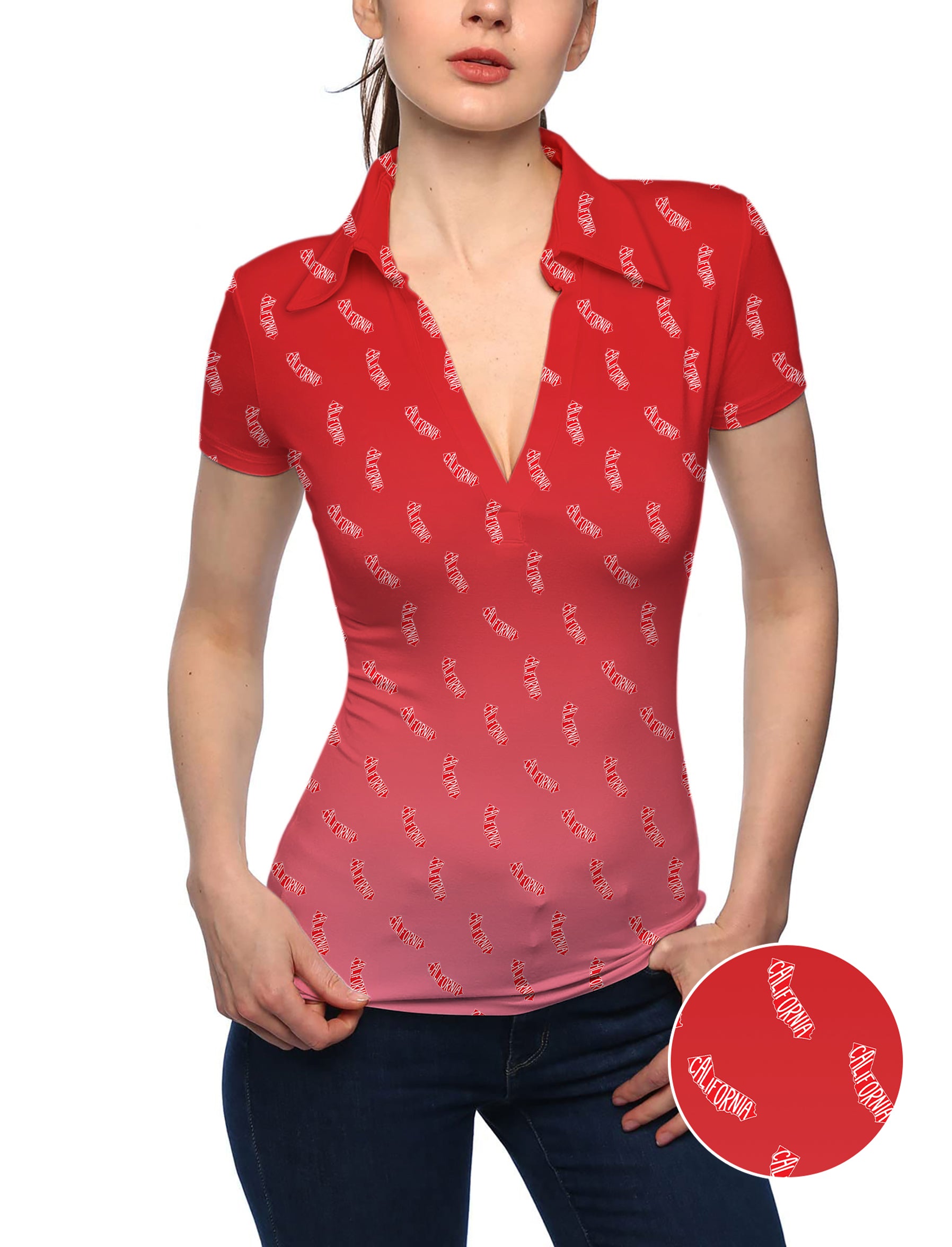 Women's Red California V Neck Golf Polo