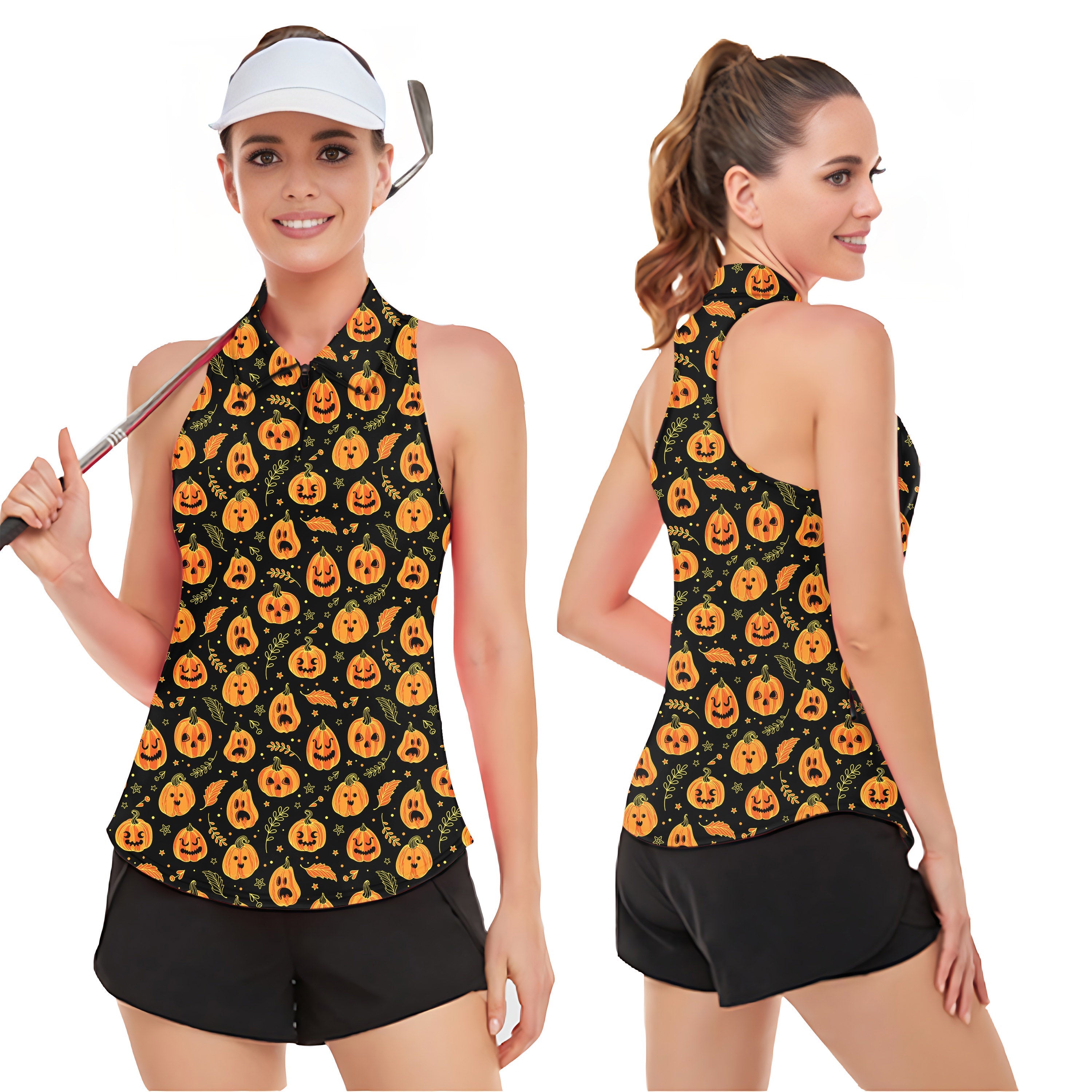 women's Halloween kawaii pumpkin bones sleeveless golf tank top shirt polo with moisture-wicking fabric and UV protection