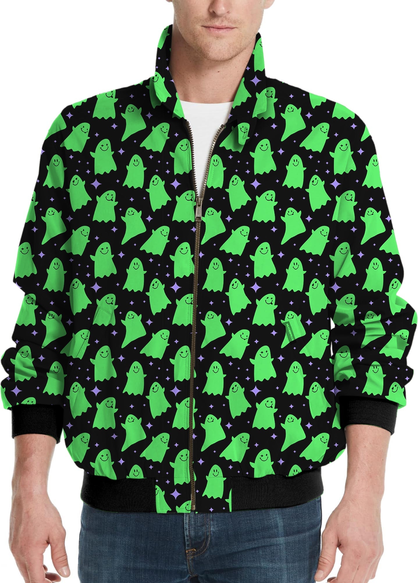Halloween Green Ghost men's golf windbreaker jacket with black background and green ghost pattern