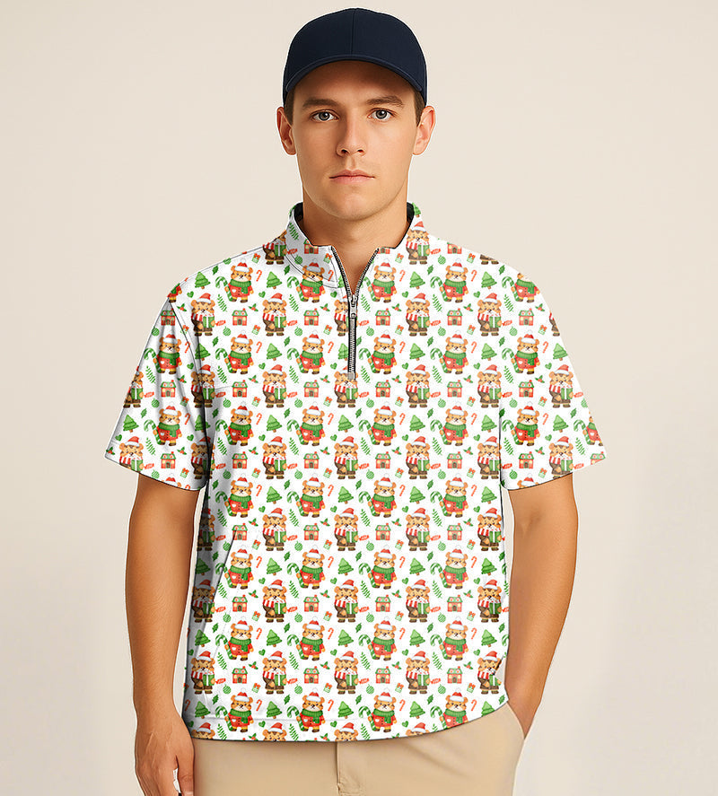 Men's half zipper turtleneck golf shirt with Christmas tiger embroidery and holiday-themed pattern