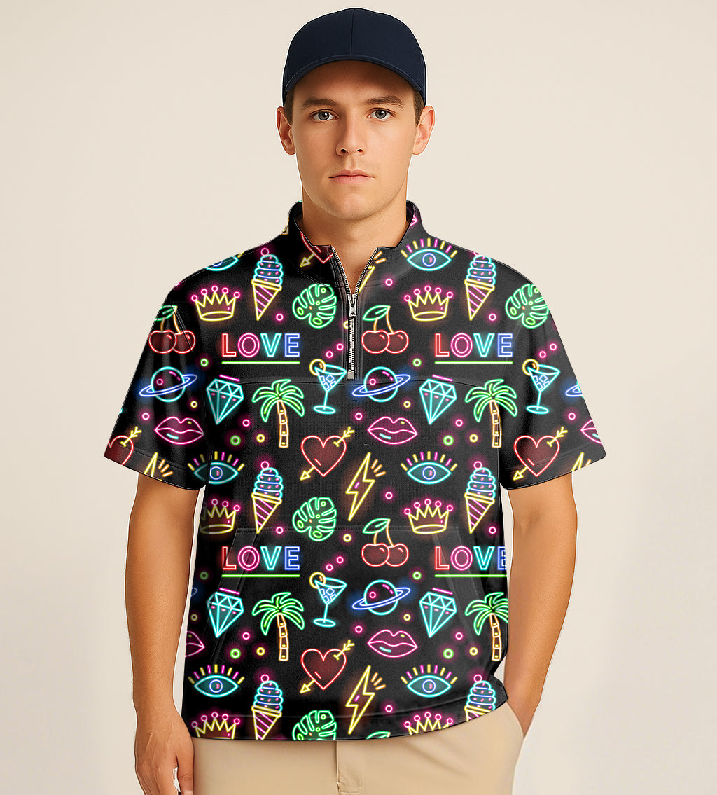 Half zipper turtleneck golf shirt with neon summer embroidery and colorful patterns