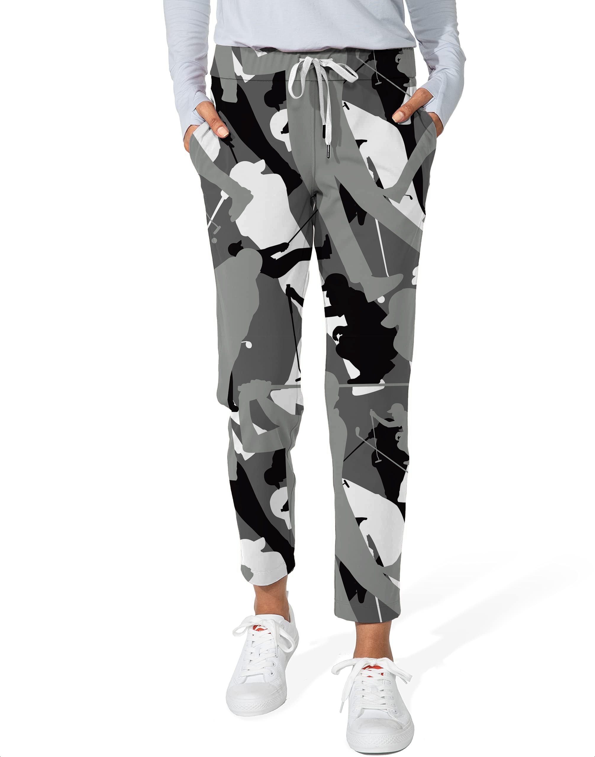 Black and white golf women's 7/8 stretch ankle golf pants with abstract pattern and drawstring waist