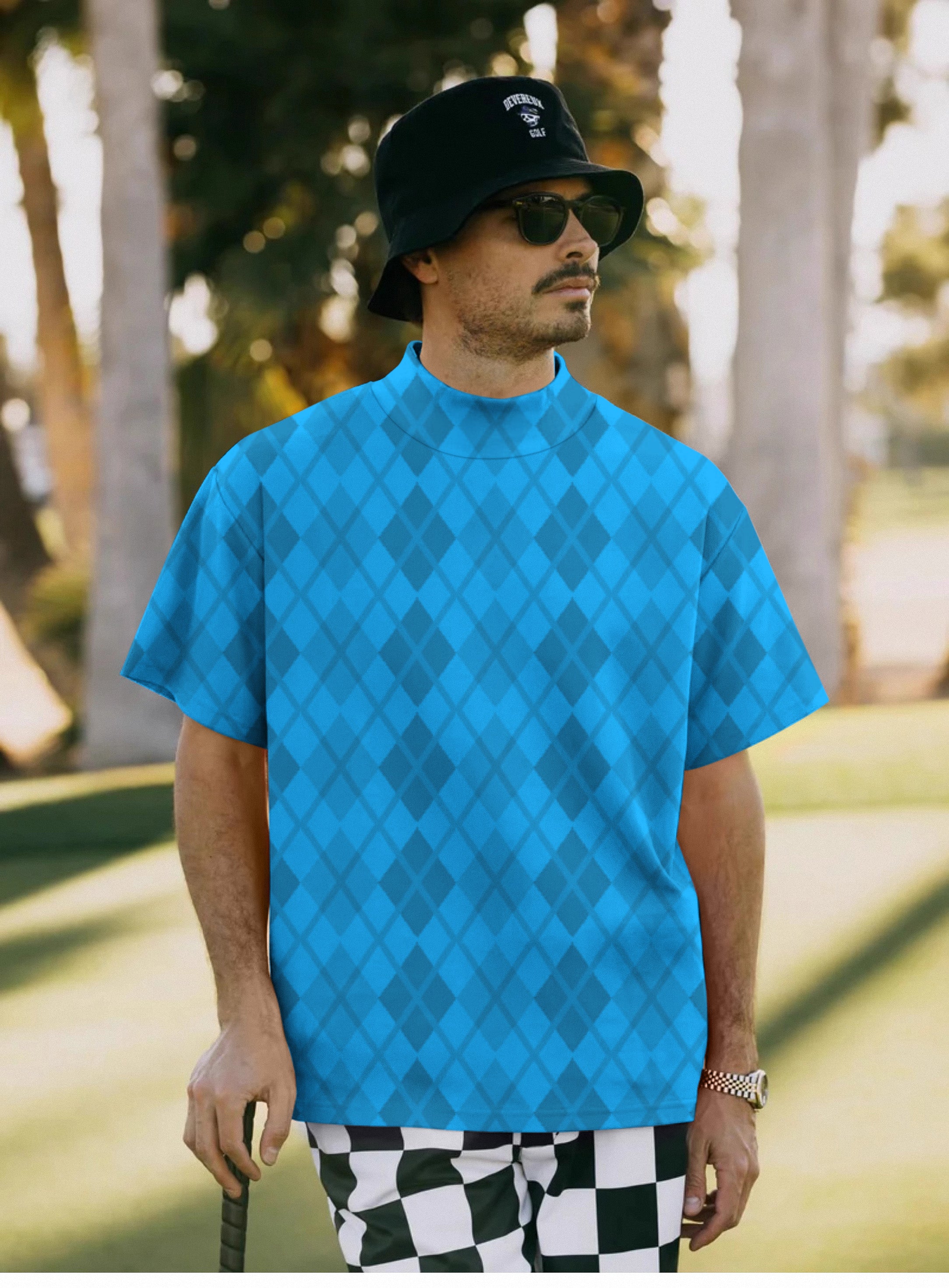 Men's Argyle Blue grid Pullover High neck Long/Short sleeve T-Shirt