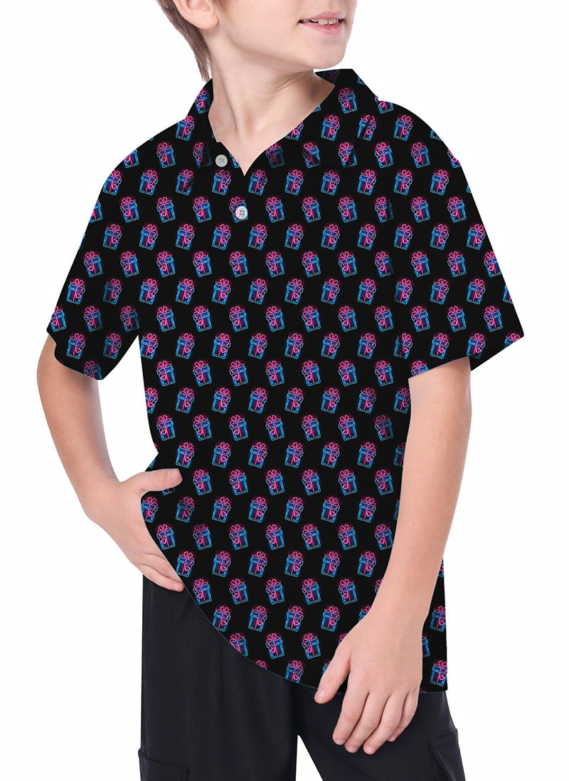 Youth Golf Polo with Christmas gift pattern, black, short sleeve, breathable and wrinkle resistant