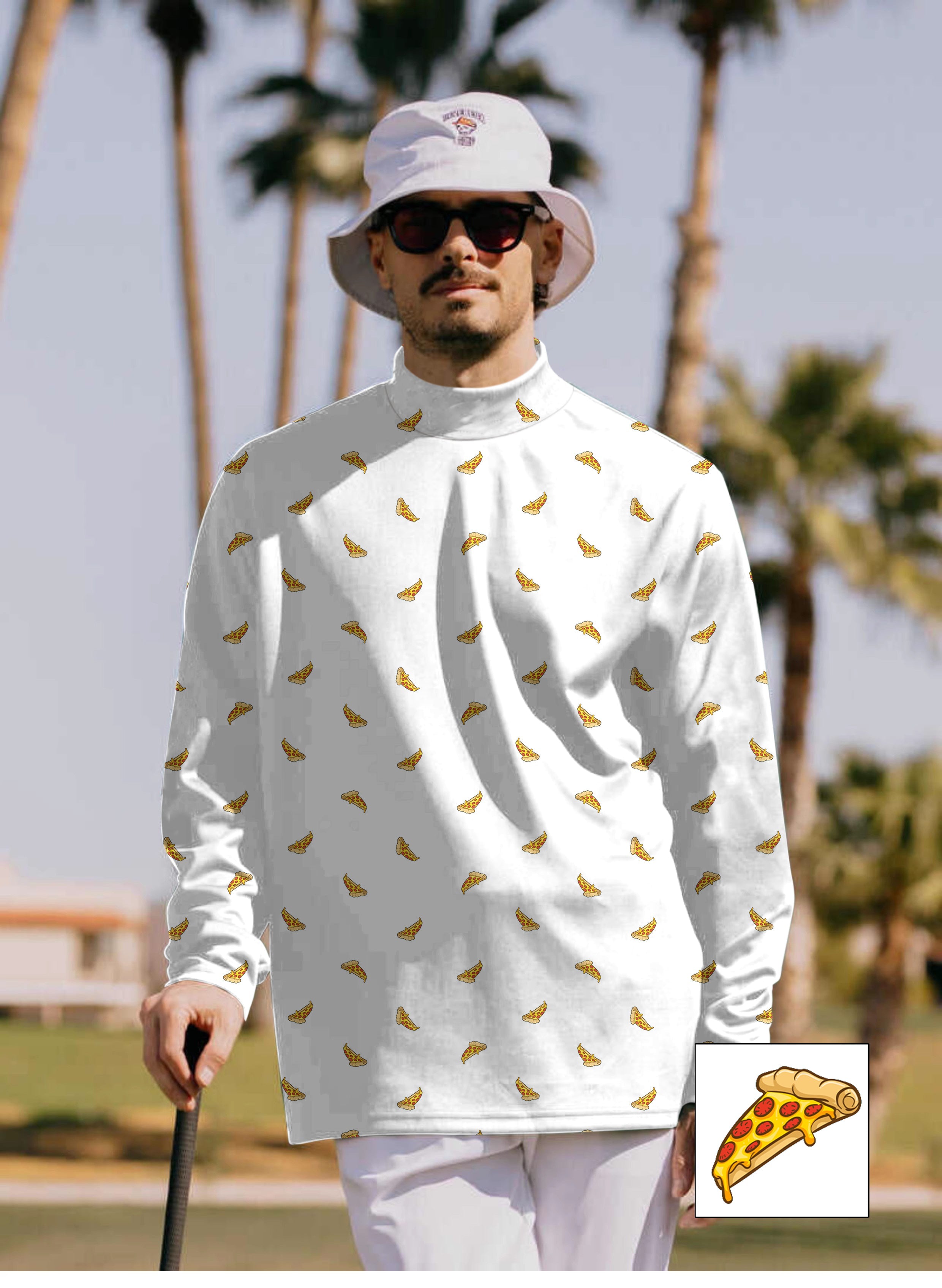 Men's Delicious White Pizza custom high neck pullover t-shirt with long sleeves and pizza slice pattern