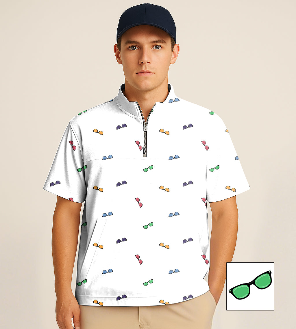 Half zipper turtleneck golf shirt with colorful sunglass print and custom embroidery option