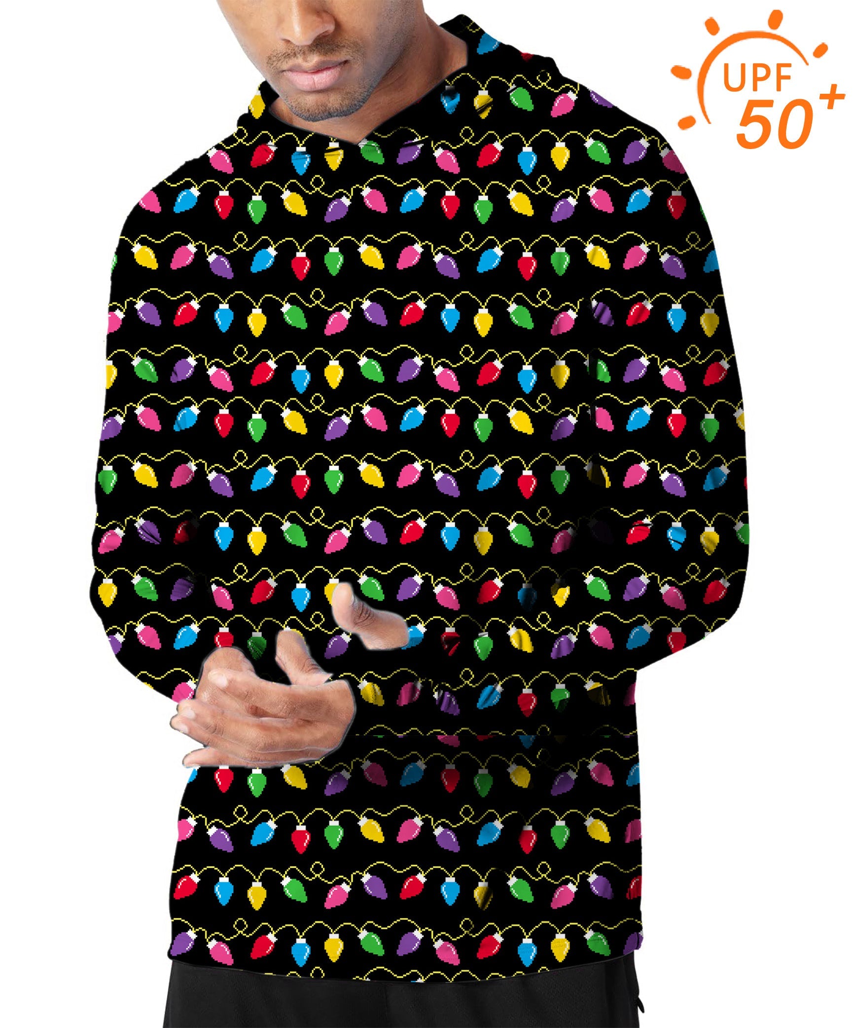 Men's slim fit outdoor hoodie with colorful Christmas lights print and UPF 50+ sun protection