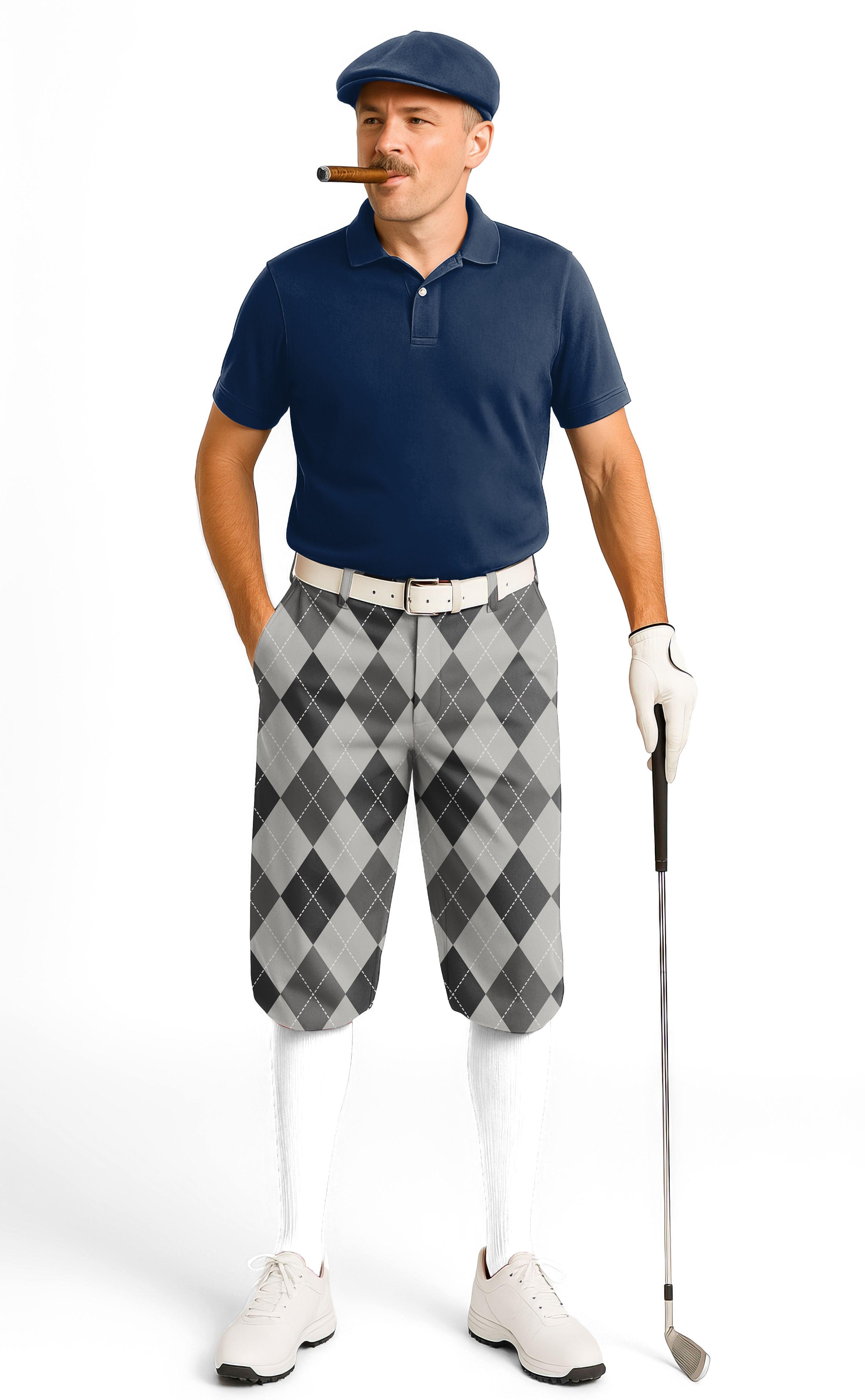 man wearing grey argyle men's golf knickers with navy polo and cap holding golf club