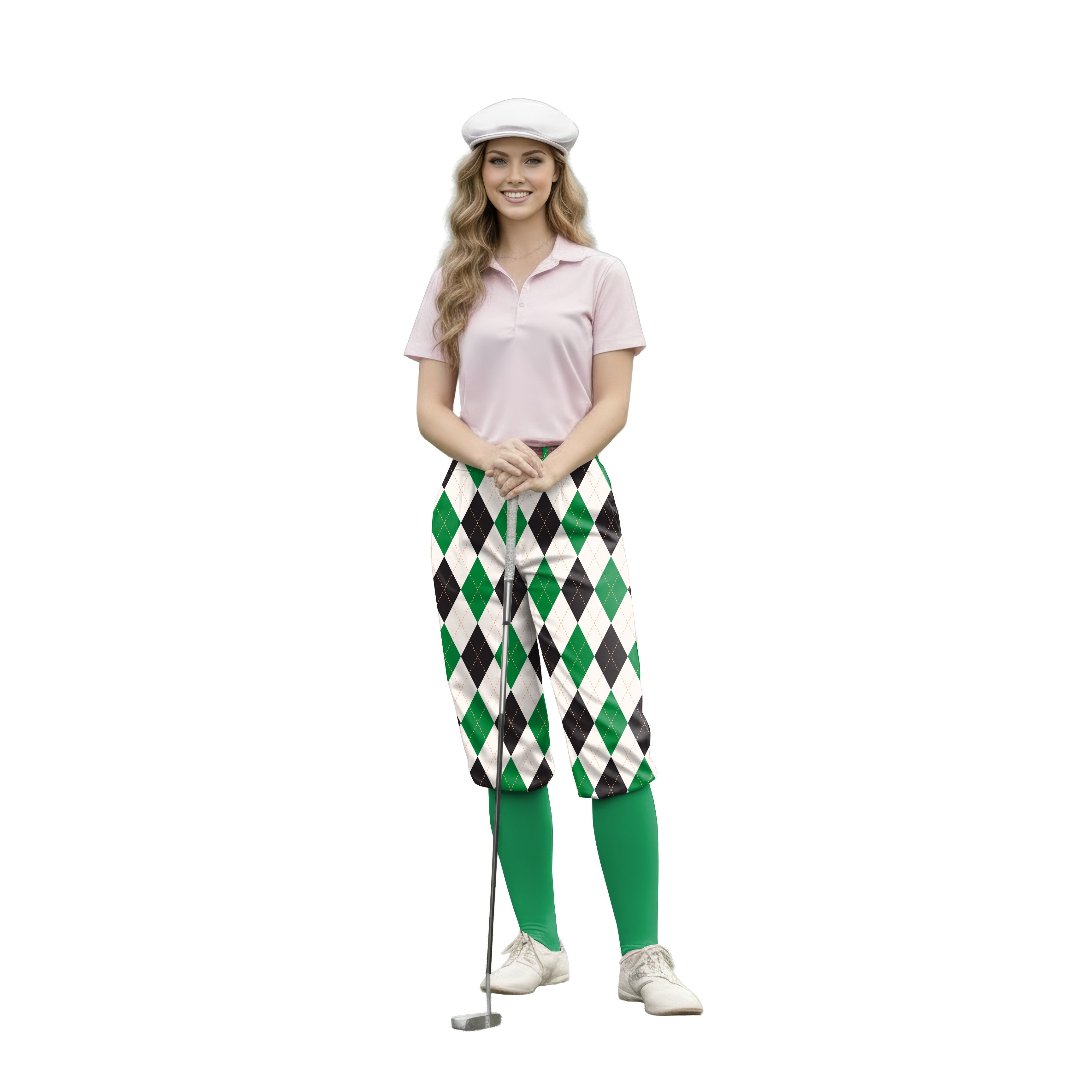 Woman golfer wearing Argyle grid womens golf knickers with green socks and white cap