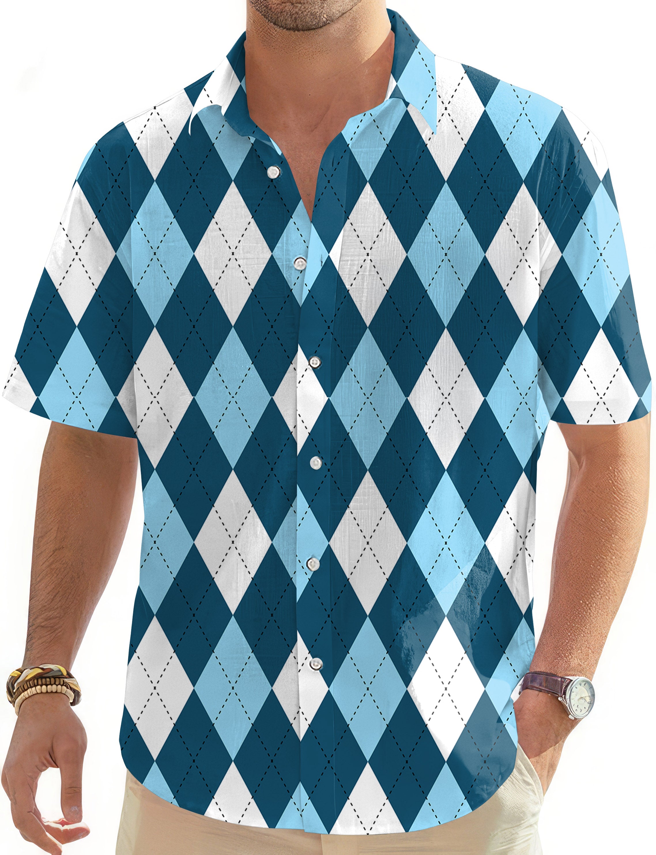 diamond moderate blue-Men's Golf Hawaiian Shirts Button Down Shirt