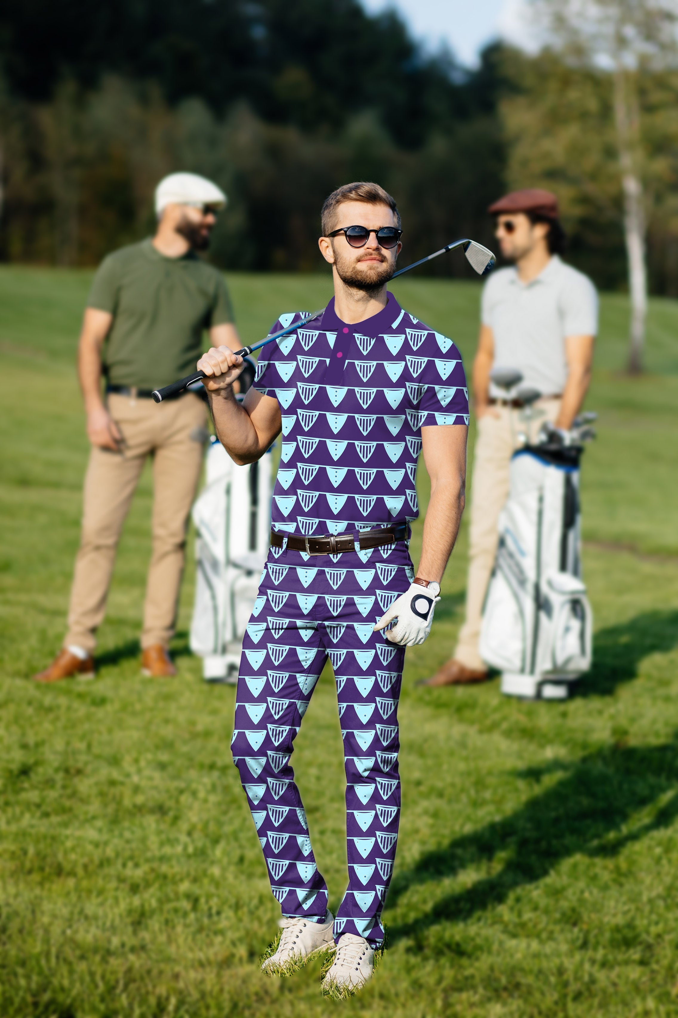 Men's Golf Set blue polo and pants with geometric pattern on golf course