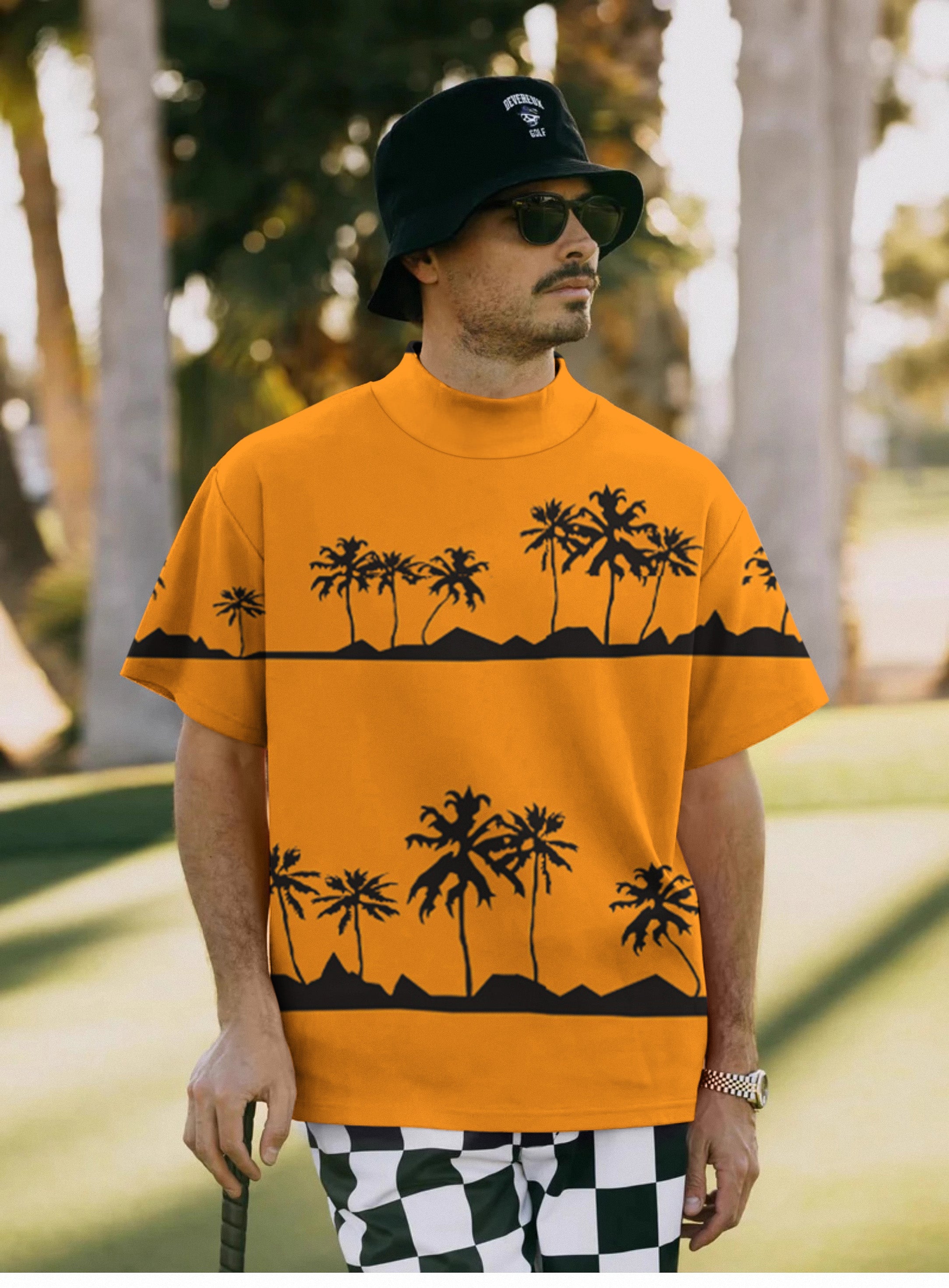 Men's setting sun pullover with coconut trees and high neck long sleeve T-shirt