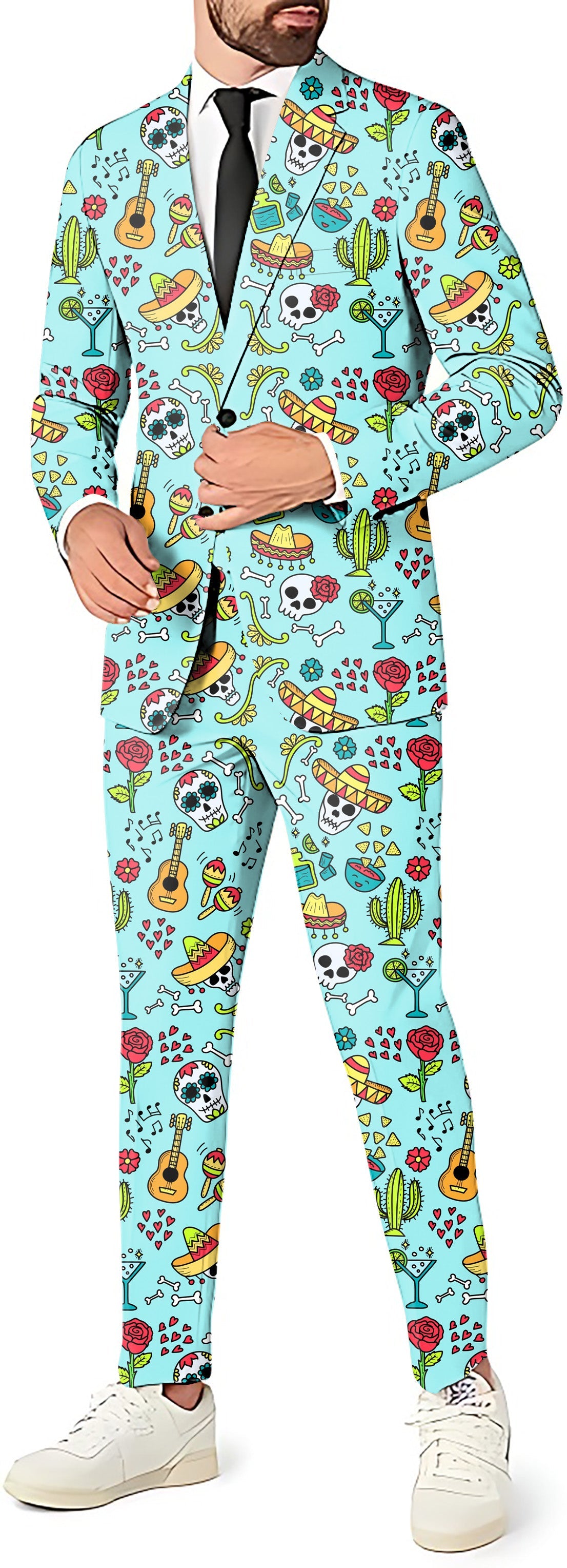 Fiesta Time Men's party suit set with blazer, pants, and vest featuring colorful Mexican-themed print