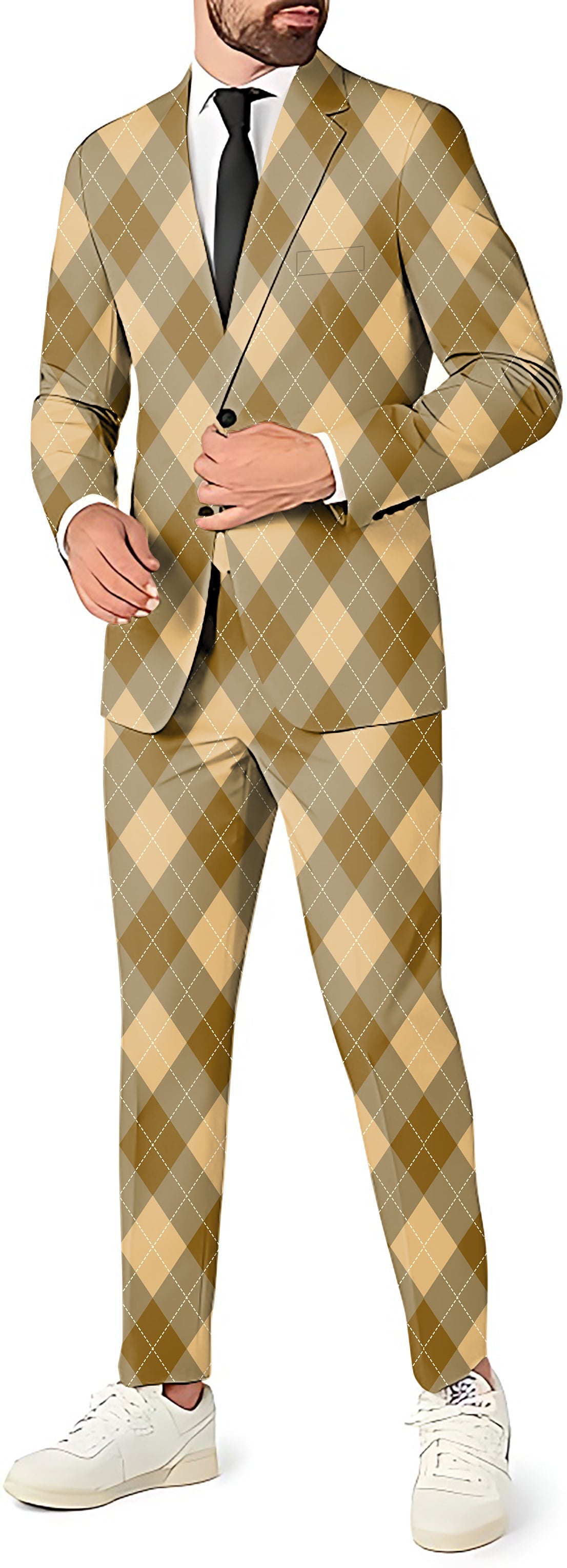 brown Argyle men's slim fit party suit with blazer, vest, and pants
