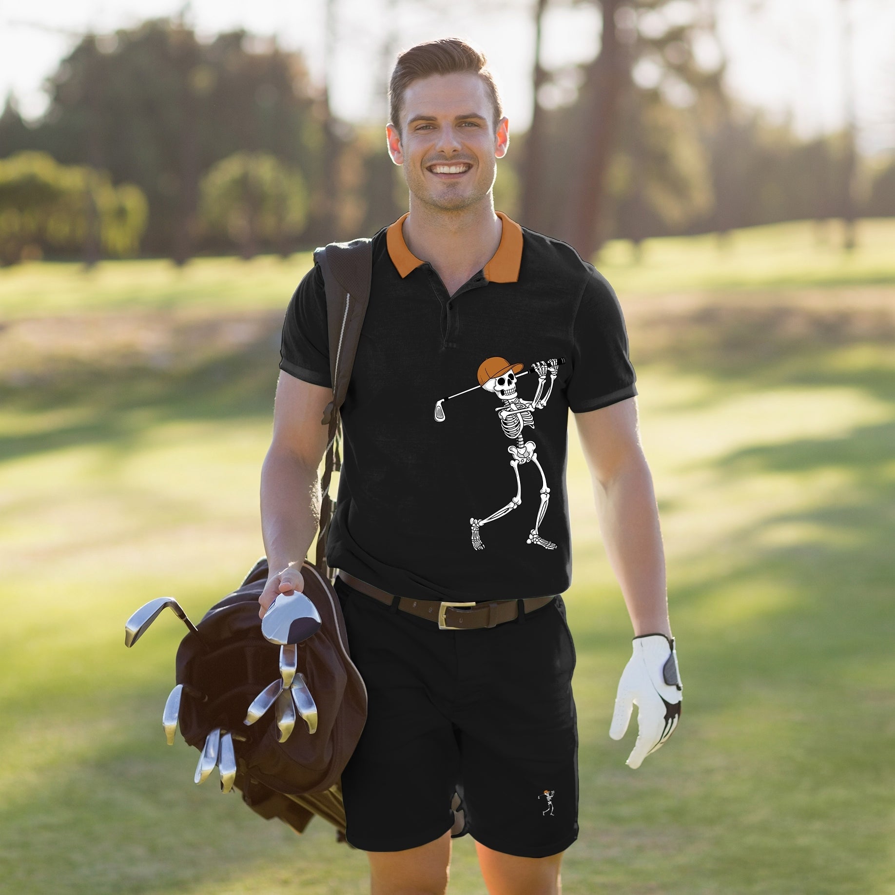 Men's Golf Set Polo+Shorts Pumpkin Black Halloween Skeleton Golf