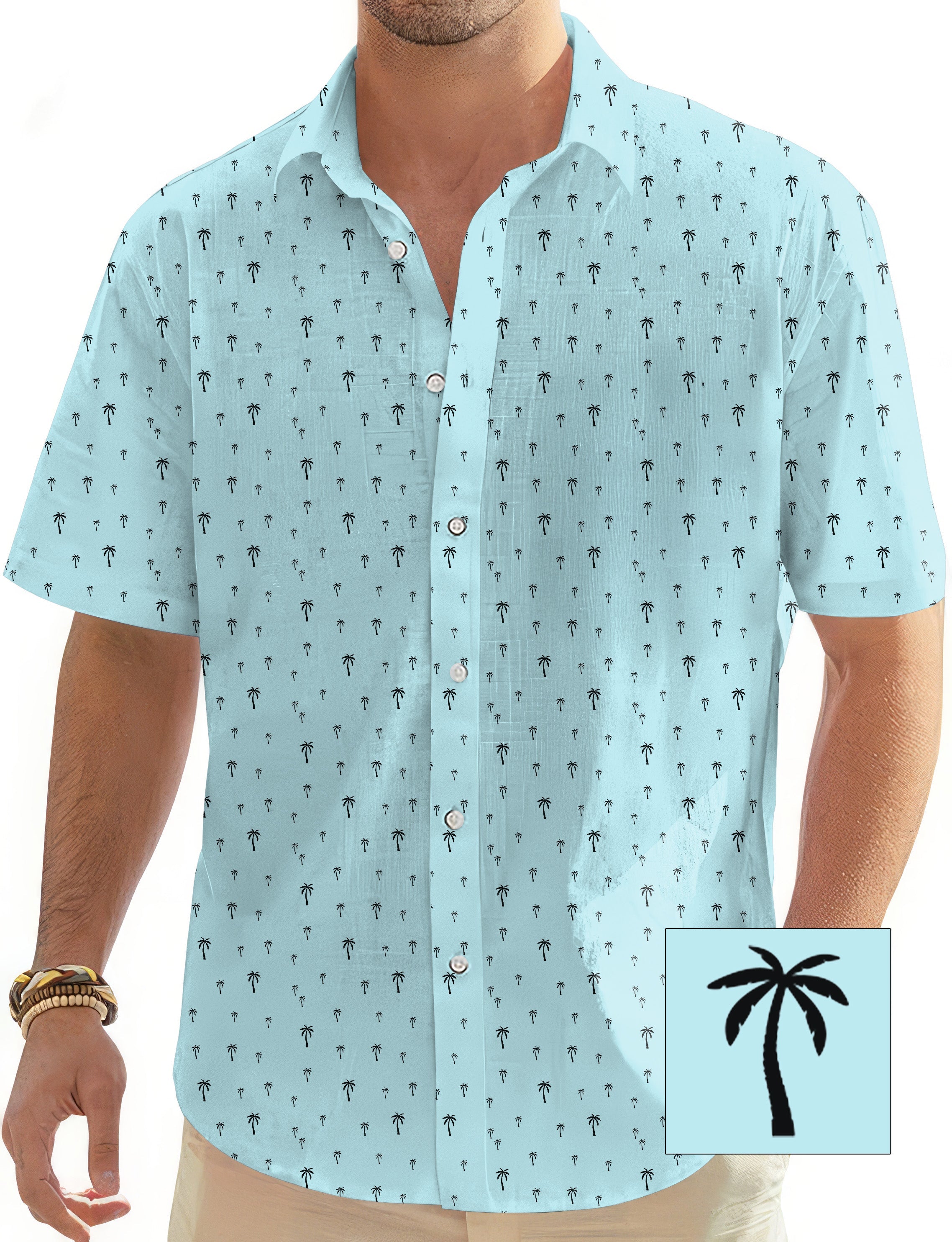 light blue men's golf Hawaiian shirt with palm tree print and button down collar