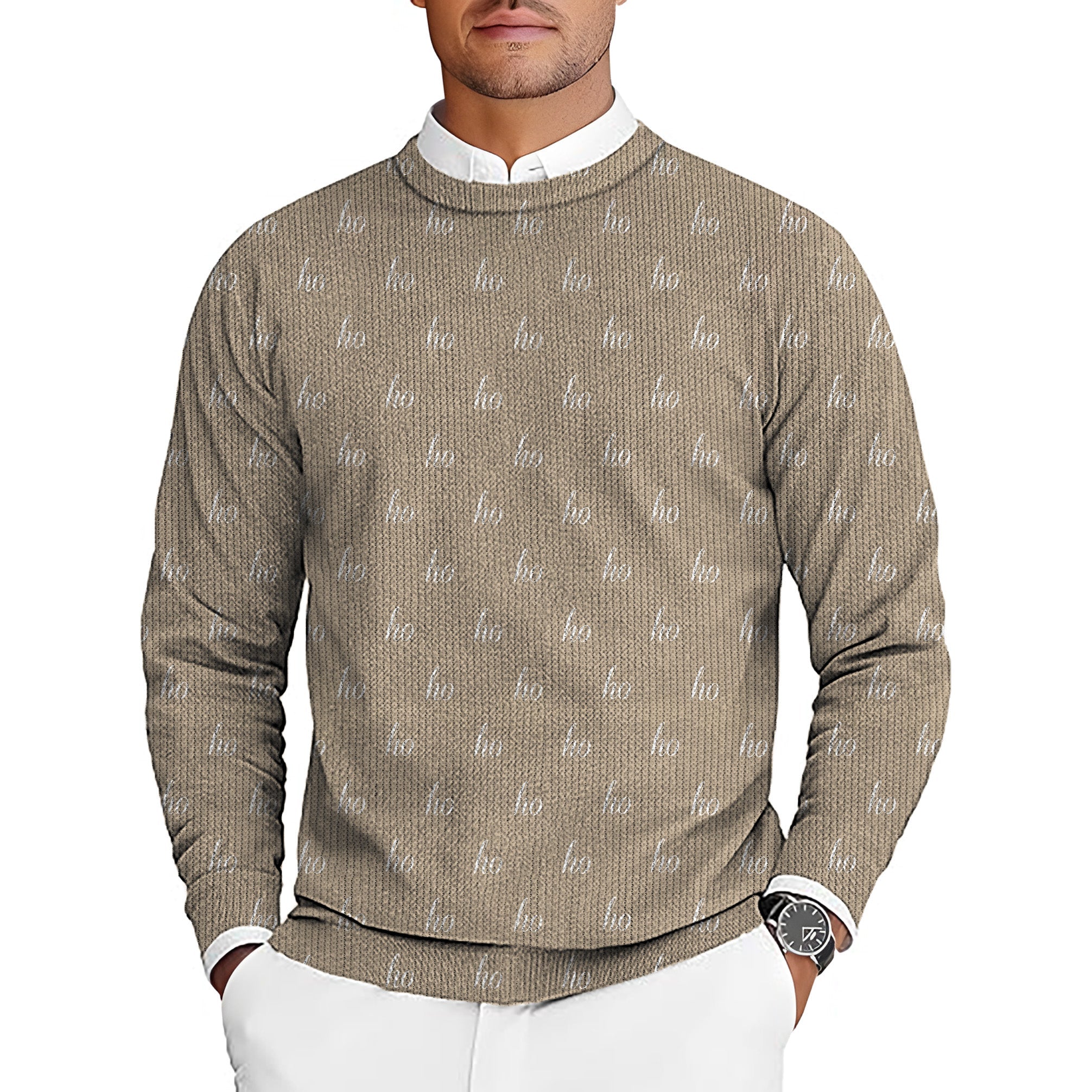 Beige custom name men's golf crewneck pullover sweater with Christmas pattern