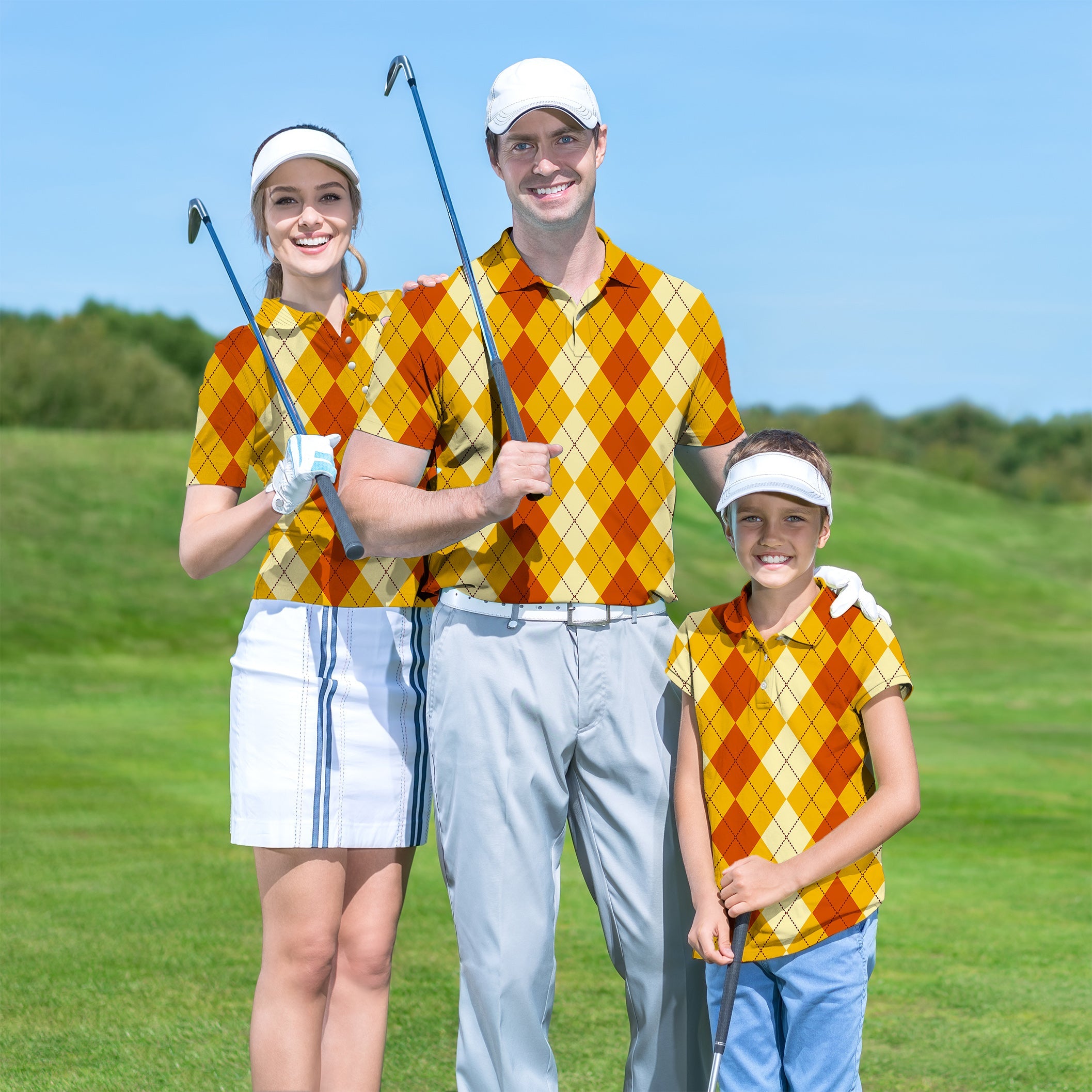 Family wearing light yellow and red argyle golf shirts on the green, holding clubs